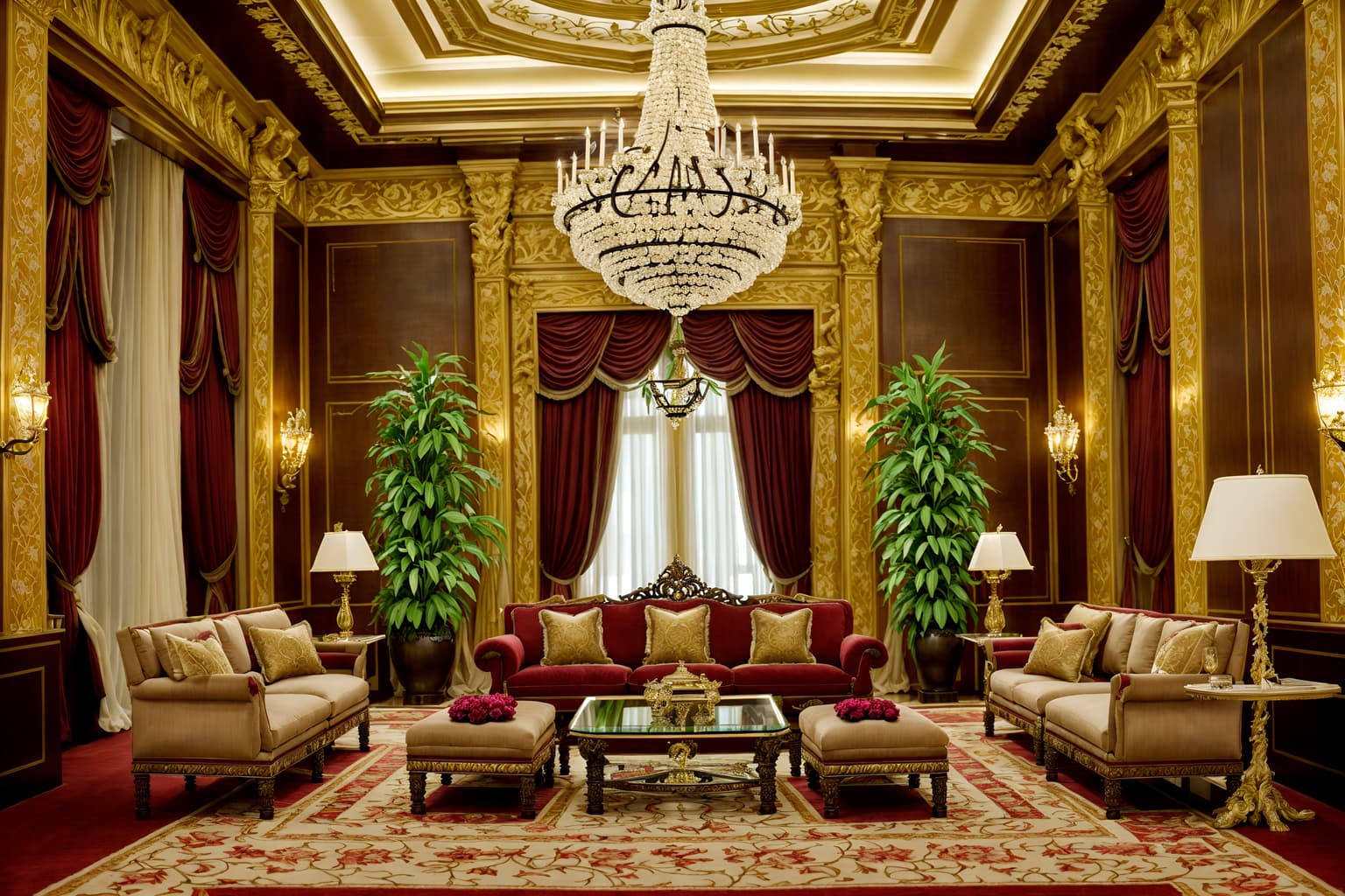 baroque-style (hotel lobby interior) with sofas and check in desk and coffee tables and rug and plant and hanging lamps and furniture and lounge chairs. . with pedestal feet and crystal and glass accents and emotional exuberance and luxurious floral and damask fabrics and grandeur and dynamism and intricate carvings and ornaments and drama. . cinematic photo, highly detailed, cinematic lighting, ultra-detailed, ultrarealistic, photorealism, 8k. baroque interior design style. masterpiece, cinematic light, ultrarealistic+, photorealistic+, 8k, raw photo, realistic, sharp focus on eyes, (symmetrical eyes), (intact eyes), hyperrealistic, highest quality, best quality, , highly detailed, masterpiece, best quality, extremely detailed 8k wallpaper, masterpiece, best quality, ultra-detailed, best shadow, detailed background, detailed face, detailed eyes, high contrast, best illumination, detailed face, dulux, caustic, dynamic angle, detailed glow. dramatic lighting. highly detailed, insanely detailed hair, symmetrical, intricate details, professionally retouched, 8k high definition. strong bokeh. award winning photo.