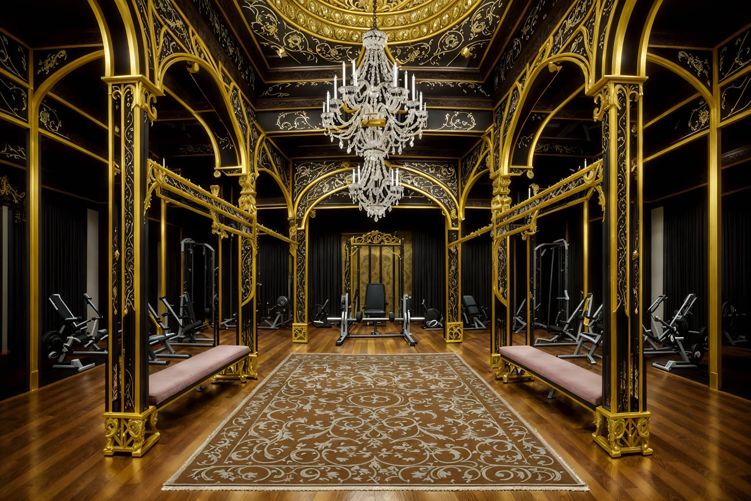 baroque-style (fitness gym interior) with crosstrainer and bench press and exercise bicycle and dumbbell stand and squat rack and crosstrainer. . with tension and movement and emotional exuberance and crystal and glass accents and drama and twisted columns and intricate carvings and ornaments and dynamism. . cinematic photo, highly detailed, cinematic lighting, ultra-detailed, ultrarealistic, photorealism, 8k. baroque interior design style. masterpiece, cinematic light, ultrarealistic+, photorealistic+, 8k, raw photo, realistic, sharp focus on eyes, (symmetrical eyes), (intact eyes), hyperrealistic, highest quality, best quality, , highly detailed, masterpiece, best quality, extremely detailed 8k wallpaper, masterpiece, best quality, ultra-detailed, best shadow, detailed background, detailed face, detailed eyes, high contrast, best illumination, detailed face, dulux, caustic, dynamic angle, detailed glow. dramatic lighting. highly detailed, insanely detailed hair, symmetrical, intricate details, professionally retouched, 8k high definition. strong bokeh. award winning photo.