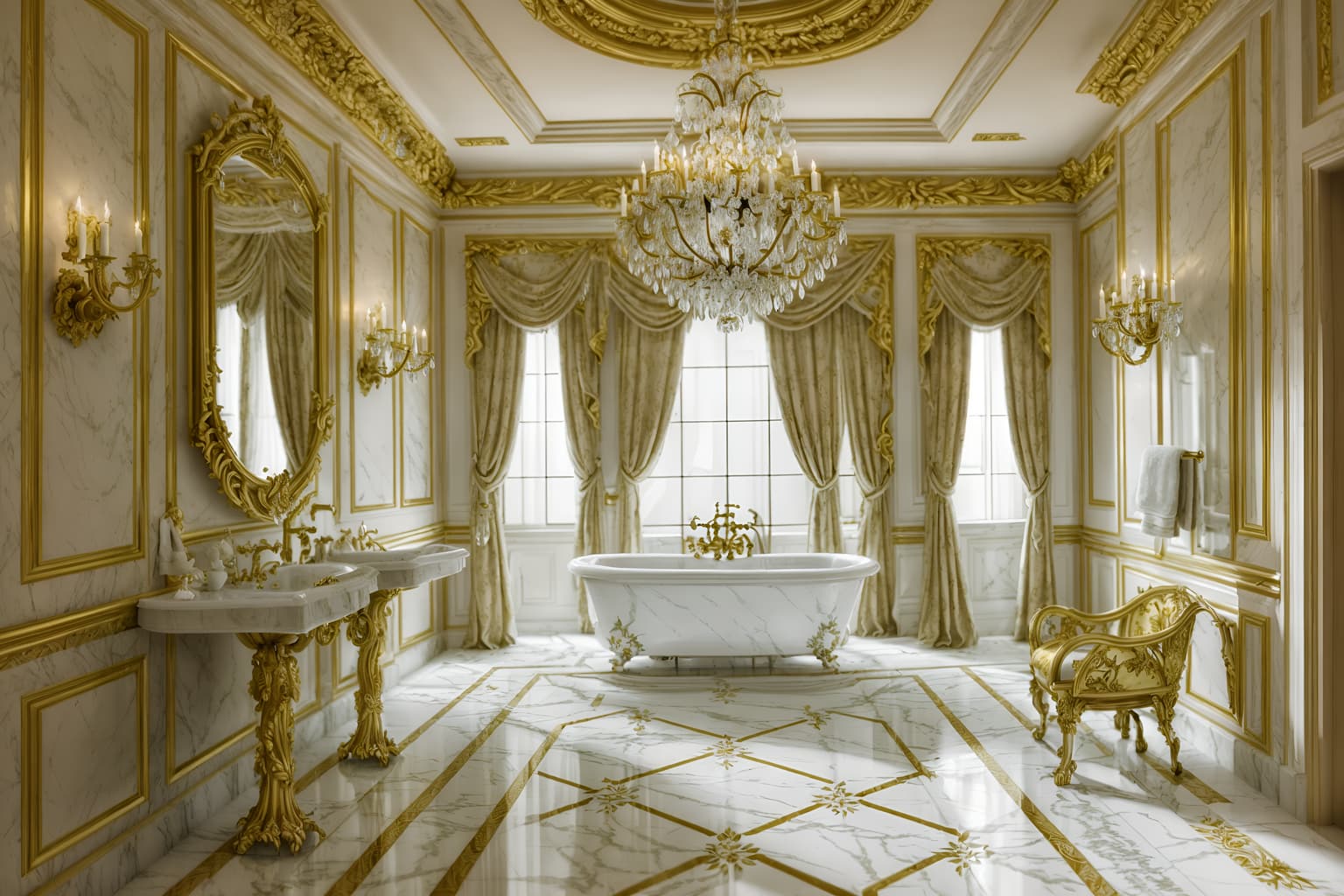 baroque-style (bathroom interior) with bath towel and mirror and bathtub and bathroom cabinet and bathroom sink with faucet and bath rail and shower and plant. . with luxurious floral and damask fabrics and heavy moldings and emotional exuberance and tension and crystal and glass accents and grandeur and pedestal feet and sensuous richness. . cinematic photo, highly detailed, cinematic lighting, ultra-detailed, ultrarealistic, photorealism, 8k. baroque interior design style. masterpiece, cinematic light, ultrarealistic+, photorealistic+, 8k, raw photo, realistic, sharp focus on eyes, (symmetrical eyes), (intact eyes), hyperrealistic, highest quality, best quality, , highly detailed, masterpiece, best quality, extremely detailed 8k wallpaper, masterpiece, best quality, ultra-detailed, best shadow, detailed background, detailed face, detailed eyes, high contrast, best illumination, detailed face, dulux, caustic, dynamic angle, detailed glow. dramatic lighting. highly detailed, insanely detailed hair, symmetrical, intricate details, professionally retouched, 8k high definition. strong bokeh. award winning photo.