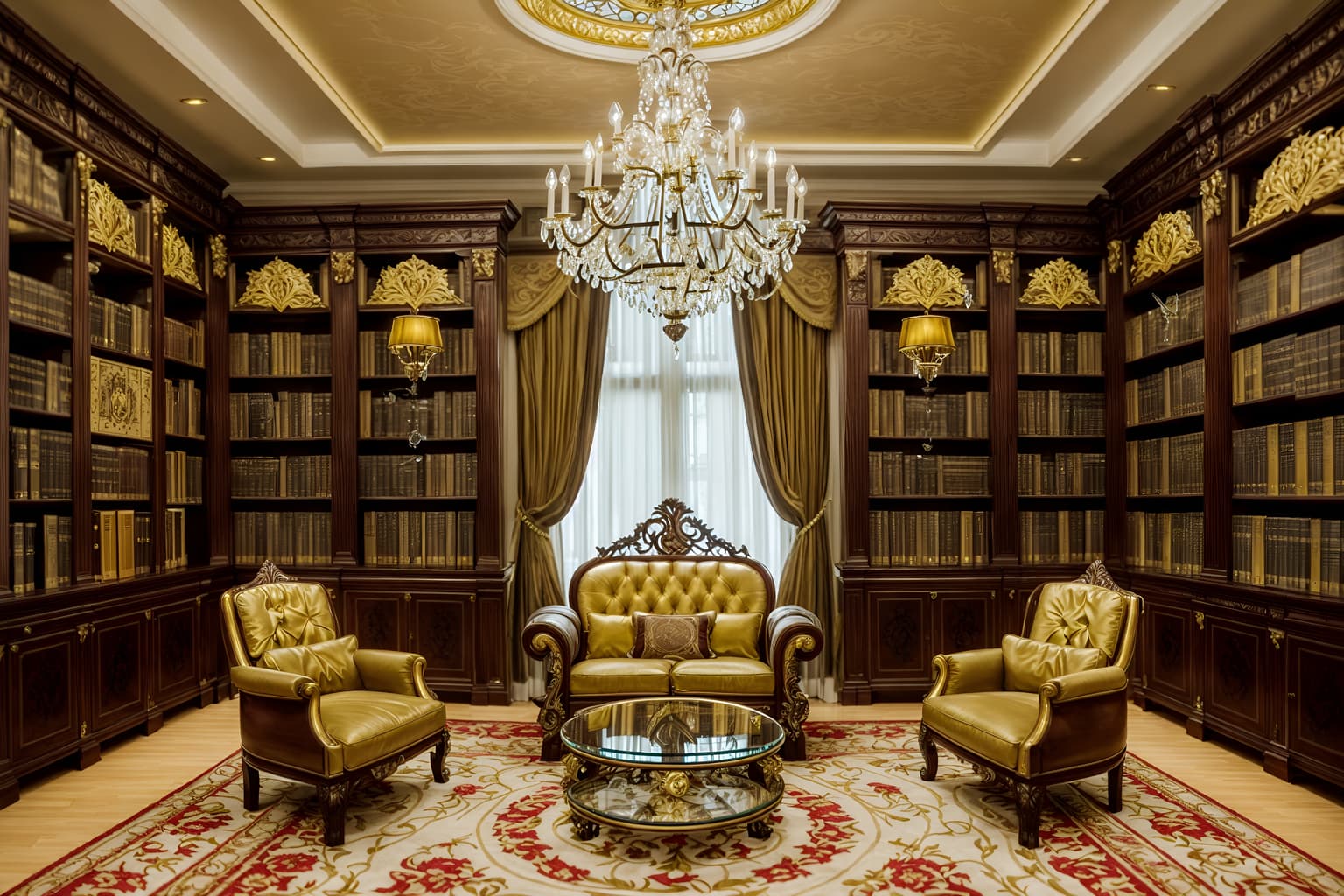 baroque-style (study room interior) with lounge chair and office chair and bookshelves and desk lamp and plant and cabinets and writing desk and lounge chair. . with sensuous richness and grandeur and crystal and glass accents and luxurious floral and damask fabrics and drama and intricate carvings and ornaments and expensive and plush flooring and movement. . cinematic photo, highly detailed, cinematic lighting, ultra-detailed, ultrarealistic, photorealism, 8k. baroque interior design style. masterpiece, cinematic light, ultrarealistic+, photorealistic+, 8k, raw photo, realistic, sharp focus on eyes, (symmetrical eyes), (intact eyes), hyperrealistic, highest quality, best quality, , highly detailed, masterpiece, best quality, extremely detailed 8k wallpaper, masterpiece, best quality, ultra-detailed, best shadow, detailed background, detailed face, detailed eyes, high contrast, best illumination, detailed face, dulux, caustic, dynamic angle, detailed glow. dramatic lighting. highly detailed, insanely detailed hair, symmetrical, intricate details, professionally retouched, 8k high definition. strong bokeh. award winning photo.