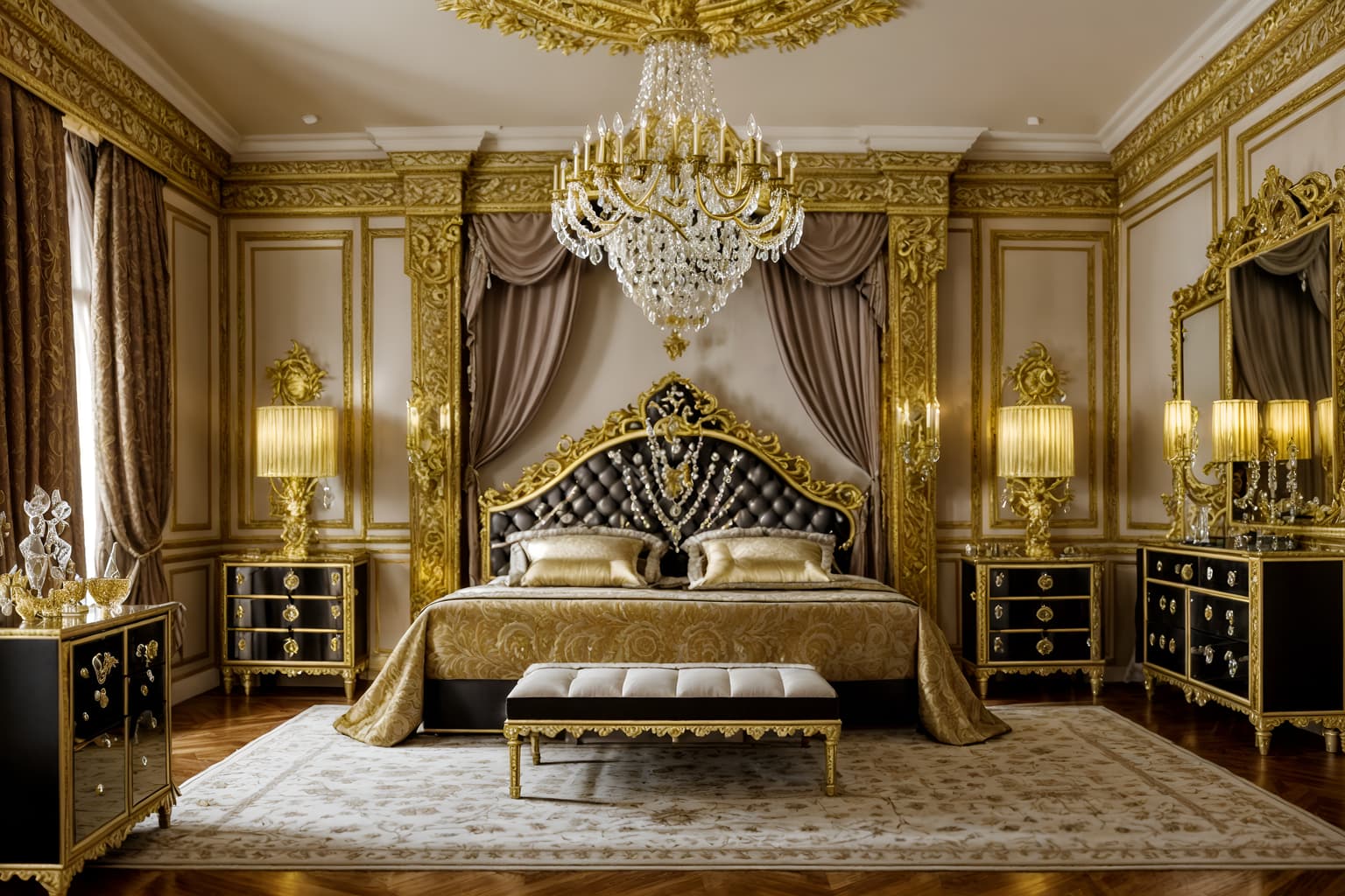baroque-style (bedroom interior) with storage bench or ottoman and accent chair and headboard and mirror and plant and night light and dresser closet and bedside table or night stand. . with emotional exuberance and dynamism and elaborate ornamentation and crystal and glass accents and drama and tension and movement and opulent and colossal furniture. . cinematic photo, highly detailed, cinematic lighting, ultra-detailed, ultrarealistic, photorealism, 8k. baroque interior design style. masterpiece, cinematic light, ultrarealistic+, photorealistic+, 8k, raw photo, realistic, sharp focus on eyes, (symmetrical eyes), (intact eyes), hyperrealistic, highest quality, best quality, , highly detailed, masterpiece, best quality, extremely detailed 8k wallpaper, masterpiece, best quality, ultra-detailed, best shadow, detailed background, detailed face, detailed eyes, high contrast, best illumination, detailed face, dulux, caustic, dynamic angle, detailed glow. dramatic lighting. highly detailed, insanely detailed hair, symmetrical, intricate details, professionally retouched, 8k high definition. strong bokeh. award winning photo.