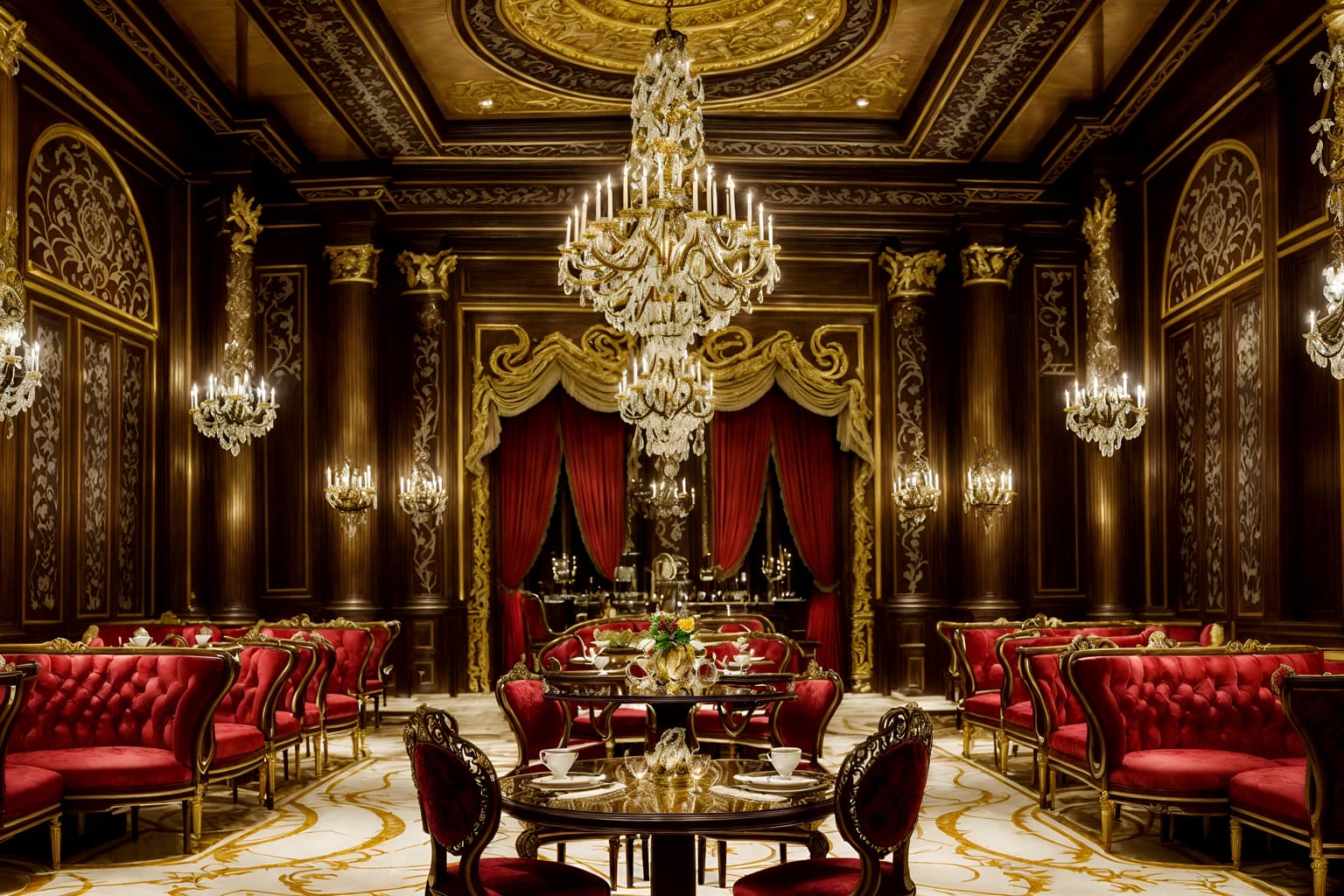 baroque-style (restaurant interior) with restaurant decor and restaurant bar and restaurant chairs and restaurant dining tables and restaurant decor. . with elaborate ornamentation and twisted columns and grandeur and emotional exuberance and crystal and glass accents and expensive and plush flooring and luxurious floral and damask fabrics and intricate carvings and ornaments. . cinematic photo, highly detailed, cinematic lighting, ultra-detailed, ultrarealistic, photorealism, 8k. baroque interior design style. masterpiece, cinematic light, ultrarealistic+, photorealistic+, 8k, raw photo, realistic, sharp focus on eyes, (symmetrical eyes), (intact eyes), hyperrealistic, highest quality, best quality, , highly detailed, masterpiece, best quality, extremely detailed 8k wallpaper, masterpiece, best quality, ultra-detailed, best shadow, detailed background, detailed face, detailed eyes, high contrast, best illumination, detailed face, dulux, caustic, dynamic angle, detailed glow. dramatic lighting. highly detailed, insanely detailed hair, symmetrical, intricate details, professionally retouched, 8k high definition. strong bokeh. award winning photo.