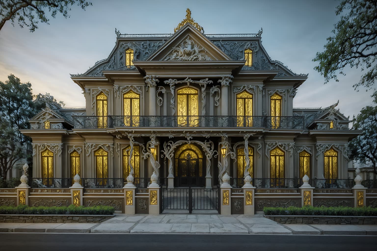 baroque-style exterior designed (house exterior exterior) . with tension and movement and heavy moldings and twisted columns and grandeur and elaborate ornamentation and dynamism and sensuous richness. . cinematic photo, highly detailed, cinematic lighting, ultra-detailed, ultrarealistic, photorealism, 8k. baroque exterior design style. masterpiece, cinematic light, ultrarealistic+, photorealistic+, 8k, raw photo, realistic, sharp focus on eyes, (symmetrical eyes), (intact eyes), hyperrealistic, highest quality, best quality, , highly detailed, masterpiece, best quality, extremely detailed 8k wallpaper, masterpiece, best quality, ultra-detailed, best shadow, detailed background, detailed face, detailed eyes, high contrast, best illumination, detailed face, dulux, caustic, dynamic angle, detailed glow. dramatic lighting. highly detailed, insanely detailed hair, symmetrical, intricate details, professionally retouched, 8k high definition. strong bokeh. award winning photo.