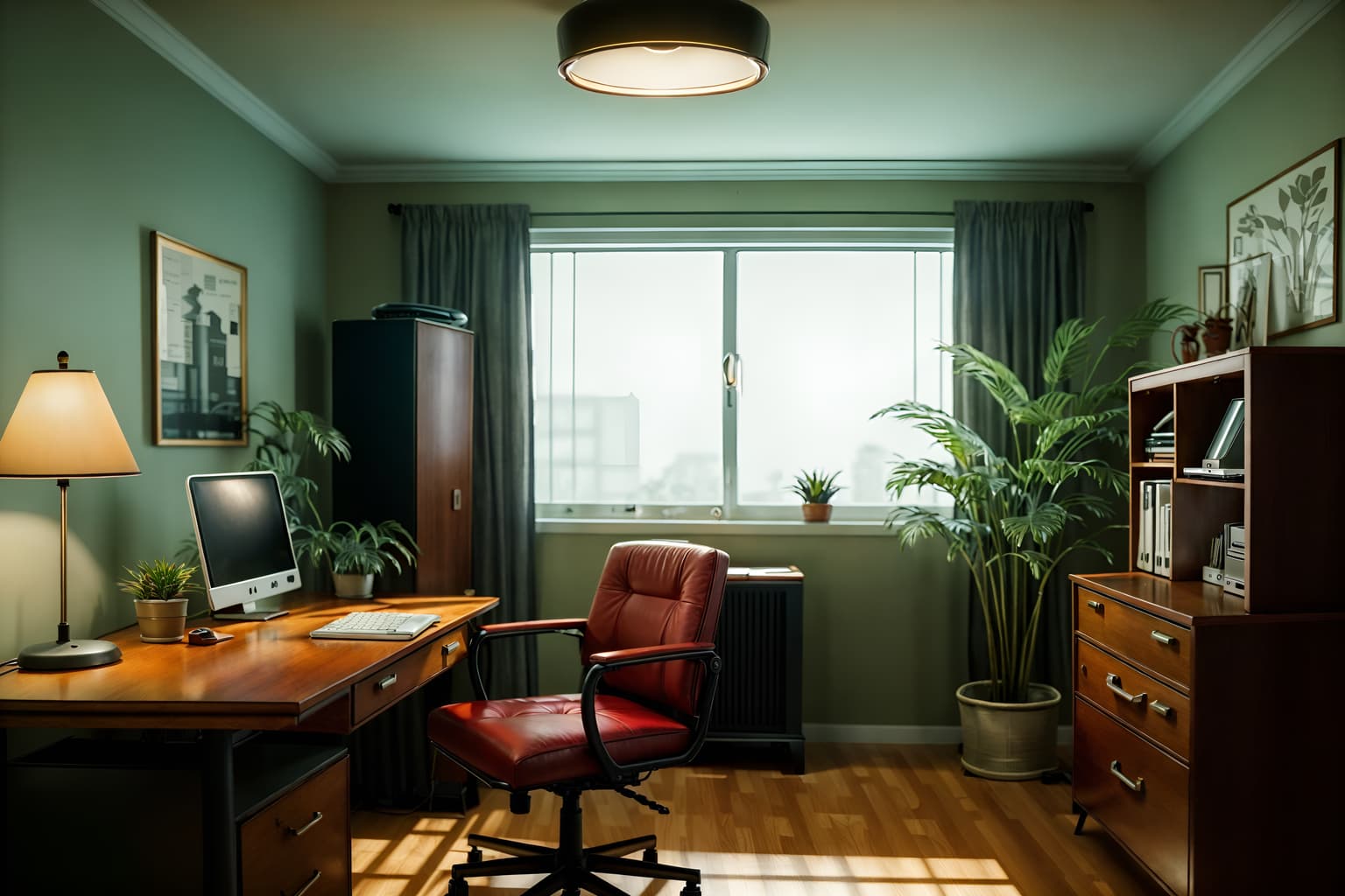 retro-style (home office interior) with computer desk and office chair and plant and cabinets and desk lamp and computer desk. . . cinematic photo, highly detailed, cinematic lighting, ultra-detailed, ultrarealistic, photorealism, 8k. retro interior design style. masterpiece, cinematic light, ultrarealistic+, photorealistic+, 8k, raw photo, realistic, sharp focus on eyes, (symmetrical eyes), (intact eyes), hyperrealistic, highest quality, best quality, , highly detailed, masterpiece, best quality, extremely detailed 8k wallpaper, masterpiece, best quality, ultra-detailed, best shadow, detailed background, detailed face, detailed eyes, high contrast, best illumination, detailed face, dulux, caustic, dynamic angle, detailed glow. dramatic lighting. highly detailed, insanely detailed hair, symmetrical, intricate details, professionally retouched, 8k high definition. strong bokeh. award winning photo.