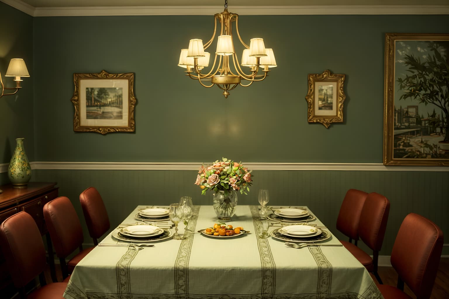 retro-style (dining room interior) with plates, cutlery and glasses on dining table and table cloth and light or chandelier and painting or photo on wall and dining table chairs and vase and plant and dining table. . . cinematic photo, highly detailed, cinematic lighting, ultra-detailed, ultrarealistic, photorealism, 8k. retro interior design style. masterpiece, cinematic light, ultrarealistic+, photorealistic+, 8k, raw photo, realistic, sharp focus on eyes, (symmetrical eyes), (intact eyes), hyperrealistic, highest quality, best quality, , highly detailed, masterpiece, best quality, extremely detailed 8k wallpaper, masterpiece, best quality, ultra-detailed, best shadow, detailed background, detailed face, detailed eyes, high contrast, best illumination, detailed face, dulux, caustic, dynamic angle, detailed glow. dramatic lighting. highly detailed, insanely detailed hair, symmetrical, intricate details, professionally retouched, 8k high definition. strong bokeh. award winning photo.