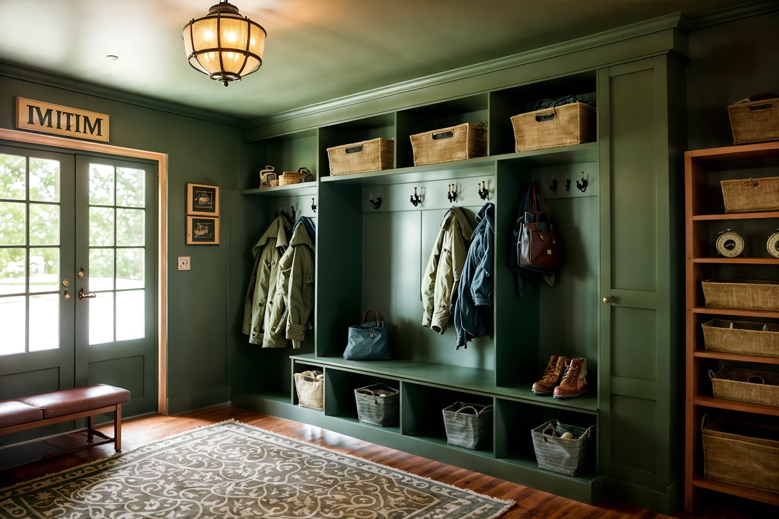 retro-style (mudroom interior) with wall hooks for coats and cubbies and high up storage and storage drawers and cabinets and storage baskets and a bench and shelves for shoes. . . cinematic photo, highly detailed, cinematic lighting, ultra-detailed, ultrarealistic, photorealism, 8k. retro interior design style. masterpiece, cinematic light, ultrarealistic+, photorealistic+, 8k, raw photo, realistic, sharp focus on eyes, (symmetrical eyes), (intact eyes), hyperrealistic, highest quality, best quality, , highly detailed, masterpiece, best quality, extremely detailed 8k wallpaper, masterpiece, best quality, ultra-detailed, best shadow, detailed background, detailed face, detailed eyes, high contrast, best illumination, detailed face, dulux, caustic, dynamic angle, detailed glow. dramatic lighting. highly detailed, insanely detailed hair, symmetrical, intricate details, professionally retouched, 8k high definition. strong bokeh. award winning photo.