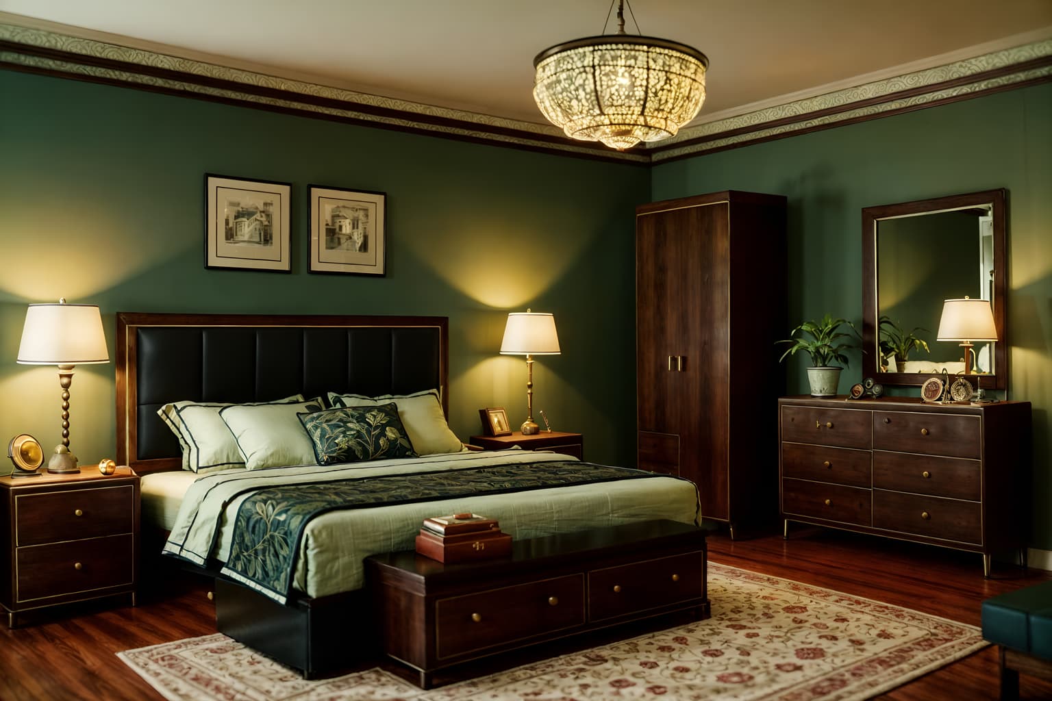 retro-style (bedroom interior) with headboard and storage bench or ottoman and mirror and plant and night light and accent chair and bed and bedside table or night stand. . . cinematic photo, highly detailed, cinematic lighting, ultra-detailed, ultrarealistic, photorealism, 8k. retro interior design style. masterpiece, cinematic light, ultrarealistic+, photorealistic+, 8k, raw photo, realistic, sharp focus on eyes, (symmetrical eyes), (intact eyes), hyperrealistic, highest quality, best quality, , highly detailed, masterpiece, best quality, extremely detailed 8k wallpaper, masterpiece, best quality, ultra-detailed, best shadow, detailed background, detailed face, detailed eyes, high contrast, best illumination, detailed face, dulux, caustic, dynamic angle, detailed glow. dramatic lighting. highly detailed, insanely detailed hair, symmetrical, intricate details, professionally retouched, 8k high definition. strong bokeh. award winning photo.