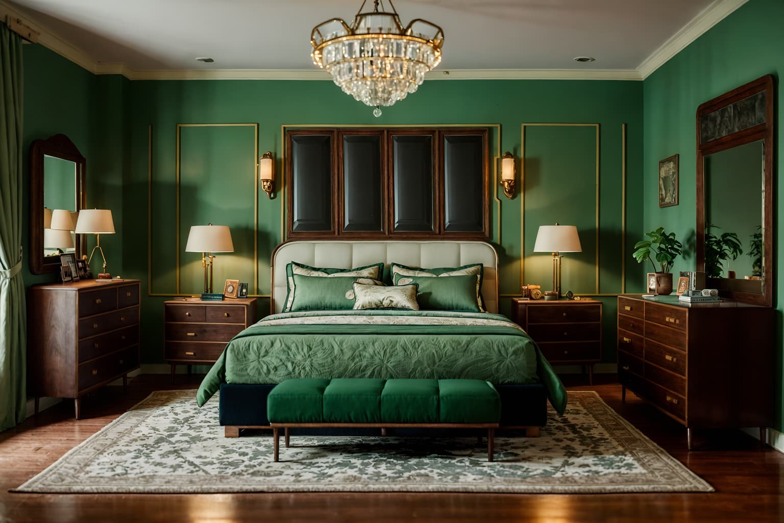 retro-style (bedroom interior) with headboard and storage bench or ottoman and mirror and plant and night light and accent chair and bed and bedside table or night stand. . . cinematic photo, highly detailed, cinematic lighting, ultra-detailed, ultrarealistic, photorealism, 8k. retro interior design style. masterpiece, cinematic light, ultrarealistic+, photorealistic+, 8k, raw photo, realistic, sharp focus on eyes, (symmetrical eyes), (intact eyes), hyperrealistic, highest quality, best quality, , highly detailed, masterpiece, best quality, extremely detailed 8k wallpaper, masterpiece, best quality, ultra-detailed, best shadow, detailed background, detailed face, detailed eyes, high contrast, best illumination, detailed face, dulux, caustic, dynamic angle, detailed glow. dramatic lighting. highly detailed, insanely detailed hair, symmetrical, intricate details, professionally retouched, 8k high definition. strong bokeh. award winning photo.