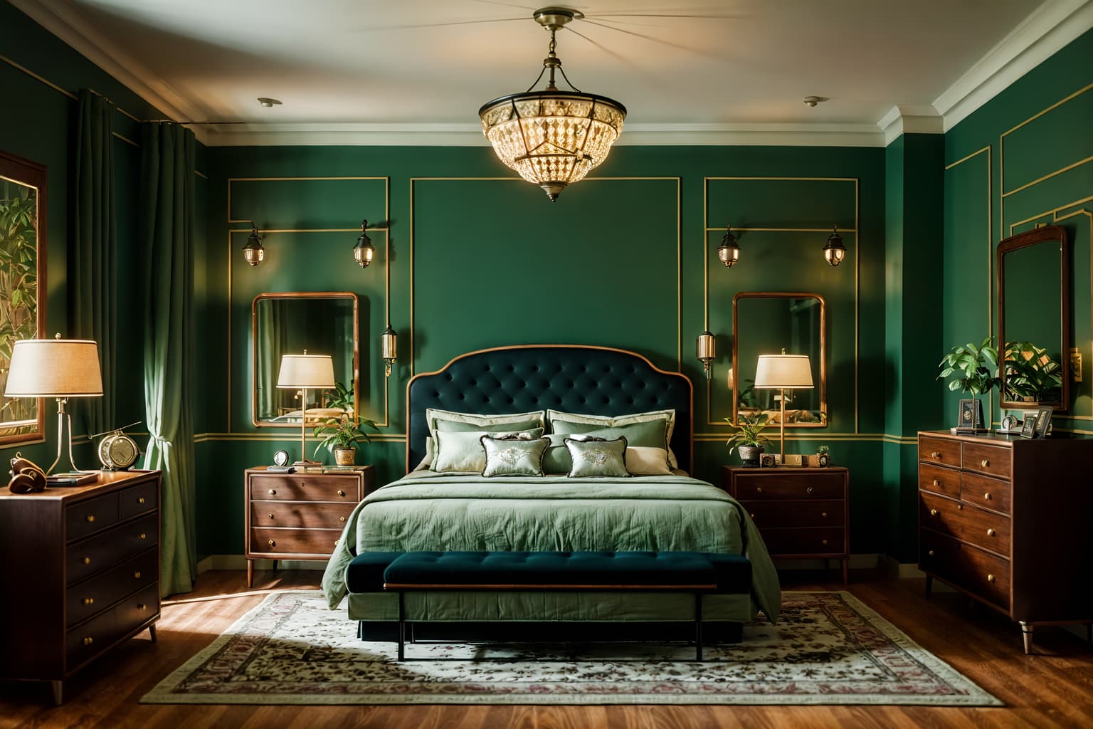 retro-style (bedroom interior) with headboard and storage bench or ottoman and mirror and plant and night light and accent chair and bed and bedside table or night stand. . . cinematic photo, highly detailed, cinematic lighting, ultra-detailed, ultrarealistic, photorealism, 8k. retro interior design style. masterpiece, cinematic light, ultrarealistic+, photorealistic+, 8k, raw photo, realistic, sharp focus on eyes, (symmetrical eyes), (intact eyes), hyperrealistic, highest quality, best quality, , highly detailed, masterpiece, best quality, extremely detailed 8k wallpaper, masterpiece, best quality, ultra-detailed, best shadow, detailed background, detailed face, detailed eyes, high contrast, best illumination, detailed face, dulux, caustic, dynamic angle, detailed glow. dramatic lighting. highly detailed, insanely detailed hair, symmetrical, intricate details, professionally retouched, 8k high definition. strong bokeh. award winning photo.