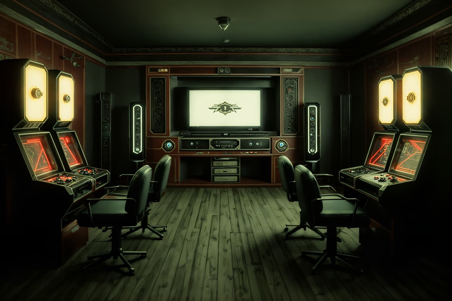 retro-style (gaming room interior) . . cinematic photo, highly detailed, cinematic lighting, ultra-detailed, ultrarealistic, photorealism, 8k. retro interior design style. masterpiece, cinematic light, ultrarealistic+, photorealistic+, 8k, raw photo, realistic, sharp focus on eyes, (symmetrical eyes), (intact eyes), hyperrealistic, highest quality, best quality, , highly detailed, masterpiece, best quality, extremely detailed 8k wallpaper, masterpiece, best quality, ultra-detailed, best shadow, detailed background, detailed face, detailed eyes, high contrast, best illumination, detailed face, dulux, caustic, dynamic angle, detailed glow. dramatic lighting. highly detailed, insanely detailed hair, symmetrical, intricate details, professionally retouched, 8k high definition. strong bokeh. award winning photo.