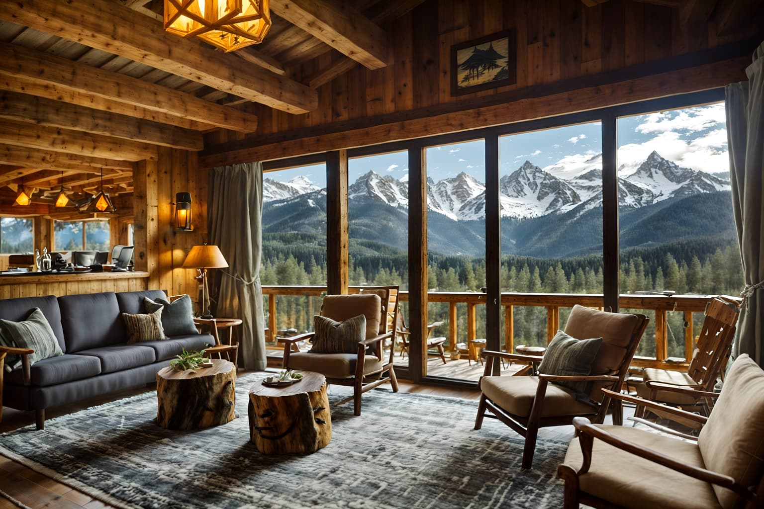 ski chalet-style (hotel lobby interior) with plant and lounge chairs and check in desk and sofas and furniture and rug and hanging lamps and coffee tables. . with layered textiles and exposed timber and nature-inspired and exposed wood and mountain-inspired and exposed construction beams and hanging wall elk antler and animal rugs. . cinematic photo, highly detailed, cinematic lighting, ultra-detailed, ultrarealistic, photorealism, 8k. ski chalet interior design style. masterpiece, cinematic light, ultrarealistic+, photorealistic+, 8k, raw photo, realistic, sharp focus on eyes, (symmetrical eyes), (intact eyes), hyperrealistic, highest quality, best quality, , highly detailed, masterpiece, best quality, extremely detailed 8k wallpaper, masterpiece, best quality, ultra-detailed, best shadow, detailed background, detailed face, detailed eyes, high contrast, best illumination, detailed face, dulux, caustic, dynamic angle, detailed glow. dramatic lighting. highly detailed, insanely detailed hair, symmetrical, intricate details, professionally retouched, 8k high definition. strong bokeh. award winning photo.