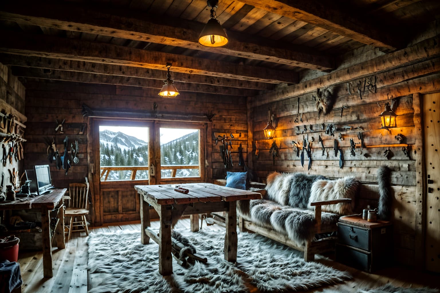 ski chalet-style (workshop interior) with wooden workbench and tool wall and messy and wooden workbench. . with wooden walls and exposed wood and ski-themed decor and animal furs and animal rugs and exposed construction beams and mountain-inspired and layered textiles. . cinematic photo, highly detailed, cinematic lighting, ultra-detailed, ultrarealistic, photorealism, 8k. ski chalet interior design style. masterpiece, cinematic light, ultrarealistic+, photorealistic+, 8k, raw photo, realistic, sharp focus on eyes, (symmetrical eyes), (intact eyes), hyperrealistic, highest quality, best quality, , highly detailed, masterpiece, best quality, extremely detailed 8k wallpaper, masterpiece, best quality, ultra-detailed, best shadow, detailed background, detailed face, detailed eyes, high contrast, best illumination, detailed face, dulux, caustic, dynamic angle, detailed glow. dramatic lighting. highly detailed, insanely detailed hair, symmetrical, intricate details, professionally retouched, 8k high definition. strong bokeh. award winning photo.