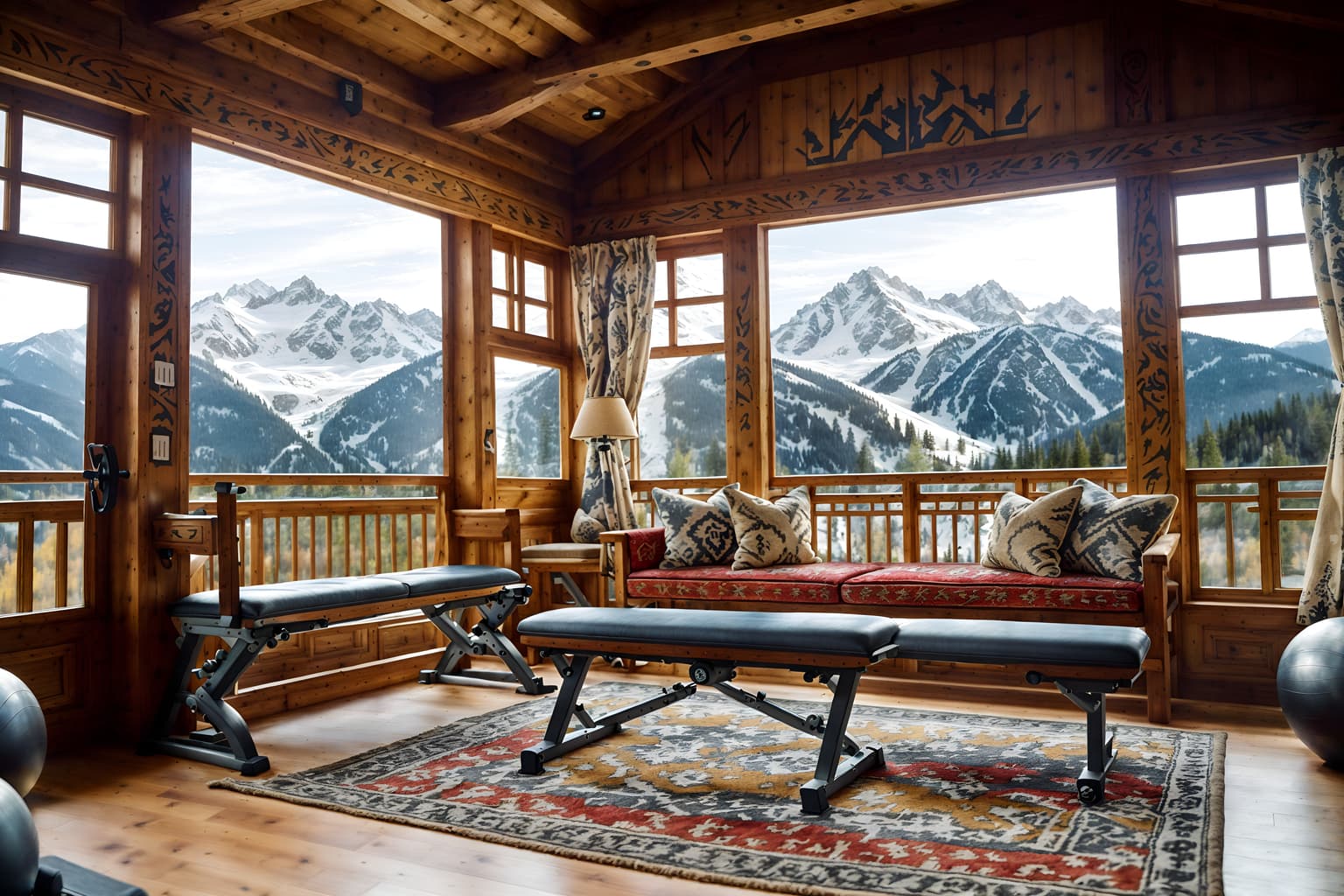 ski chalet-style (fitness gym interior) with bench press and squat rack and dumbbell stand and crosstrainer and exercise bicycle and bench press. . with animal motifs and decorative carving and mouldings and richly patterned fabrics and mountain-inspired and window with mountain views and exposed construction beams and ski-themed decor and animal rugs. . cinematic photo, highly detailed, cinematic lighting, ultra-detailed, ultrarealistic, photorealism, 8k. ski chalet interior design style. masterpiece, cinematic light, ultrarealistic+, photorealistic+, 8k, raw photo, realistic, sharp focus on eyes, (symmetrical eyes), (intact eyes), hyperrealistic, highest quality, best quality, , highly detailed, masterpiece, best quality, extremely detailed 8k wallpaper, masterpiece, best quality, ultra-detailed, best shadow, detailed background, detailed face, detailed eyes, high contrast, best illumination, detailed face, dulux, caustic, dynamic angle, detailed glow. dramatic lighting. highly detailed, insanely detailed hair, symmetrical, intricate details, professionally retouched, 8k high definition. strong bokeh. award winning photo.