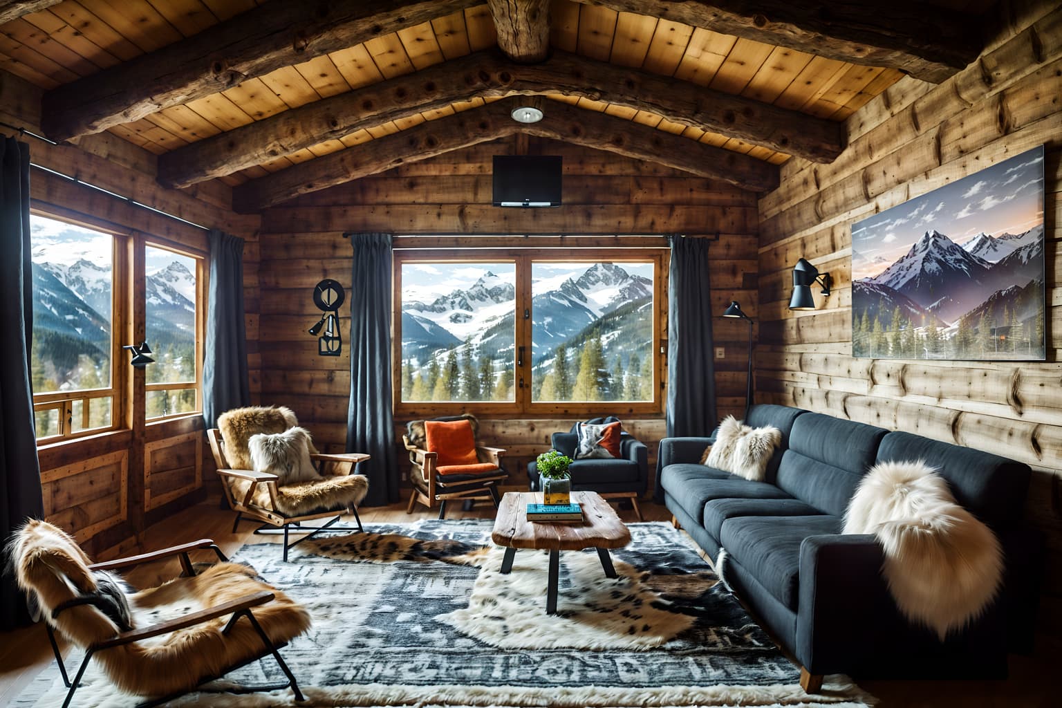 ski chalet-style (coworking space interior) with lounge chairs and seating area with sofa and office chairs and office desks and lounge chairs. . with layered textiles and wooden logs and ski-themed decor and exposed construction beams and mountain-inspired and animal rugs and animal furs and wooden walls. . cinematic photo, highly detailed, cinematic lighting, ultra-detailed, ultrarealistic, photorealism, 8k. ski chalet interior design style. masterpiece, cinematic light, ultrarealistic+, photorealistic+, 8k, raw photo, realistic, sharp focus on eyes, (symmetrical eyes), (intact eyes), hyperrealistic, highest quality, best quality, , highly detailed, masterpiece, best quality, extremely detailed 8k wallpaper, masterpiece, best quality, ultra-detailed, best shadow, detailed background, detailed face, detailed eyes, high contrast, best illumination, detailed face, dulux, caustic, dynamic angle, detailed glow. dramatic lighting. highly detailed, insanely detailed hair, symmetrical, intricate details, professionally retouched, 8k high definition. strong bokeh. award winning photo.