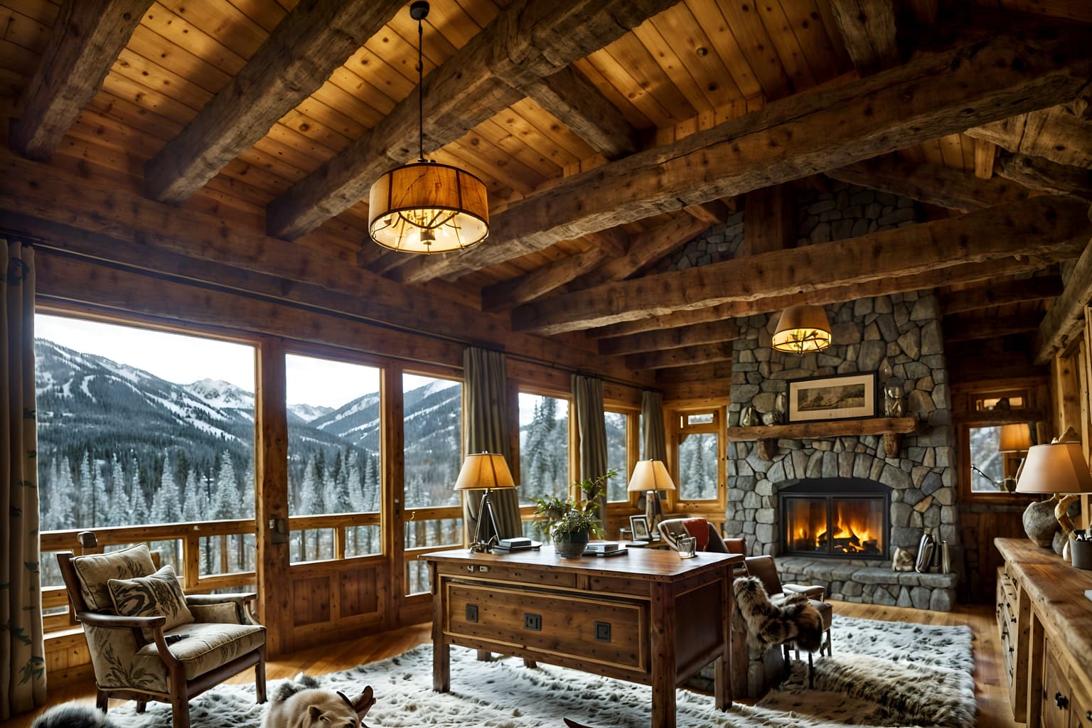 ski chalet-style (home office interior) with office chair and computer desk and plant and desk lamp and cabinets and office chair. . with exposed wood and nature-inspired and richly patterned fabrics and layered textiles and stone fireplace and animal furs and exposed construction beams and hanging wall elk antler. . cinematic photo, highly detailed, cinematic lighting, ultra-detailed, ultrarealistic, photorealism, 8k. ski chalet interior design style. masterpiece, cinematic light, ultrarealistic+, photorealistic+, 8k, raw photo, realistic, sharp focus on eyes, (symmetrical eyes), (intact eyes), hyperrealistic, highest quality, best quality, , highly detailed, masterpiece, best quality, extremely detailed 8k wallpaper, masterpiece, best quality, ultra-detailed, best shadow, detailed background, detailed face, detailed eyes, high contrast, best illumination, detailed face, dulux, caustic, dynamic angle, detailed glow. dramatic lighting. highly detailed, insanely detailed hair, symmetrical, intricate details, professionally retouched, 8k high definition. strong bokeh. award winning photo.