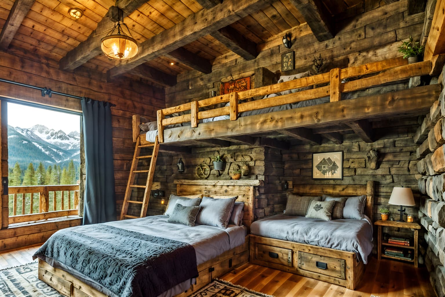ski chalet-style (kids room interior) with storage bench or ottoman and kids desk and accent chair and headboard and night light and plant and bedside table or night stand and bed. . with rustic and wooden walls and layered textiles and exposed construction beams and stone fireplace and stone fireplace and wood beams and window with mountain views. . cinematic photo, highly detailed, cinematic lighting, ultra-detailed, ultrarealistic, photorealism, 8k. ski chalet interior design style. masterpiece, cinematic light, ultrarealistic+, photorealistic+, 8k, raw photo, realistic, sharp focus on eyes, (symmetrical eyes), (intact eyes), hyperrealistic, highest quality, best quality, , highly detailed, masterpiece, best quality, extremely detailed 8k wallpaper, masterpiece, best quality, ultra-detailed, best shadow, detailed background, detailed face, detailed eyes, high contrast, best illumination, detailed face, dulux, caustic, dynamic angle, detailed glow. dramatic lighting. highly detailed, insanely detailed hair, symmetrical, intricate details, professionally retouched, 8k high definition. strong bokeh. award winning photo.