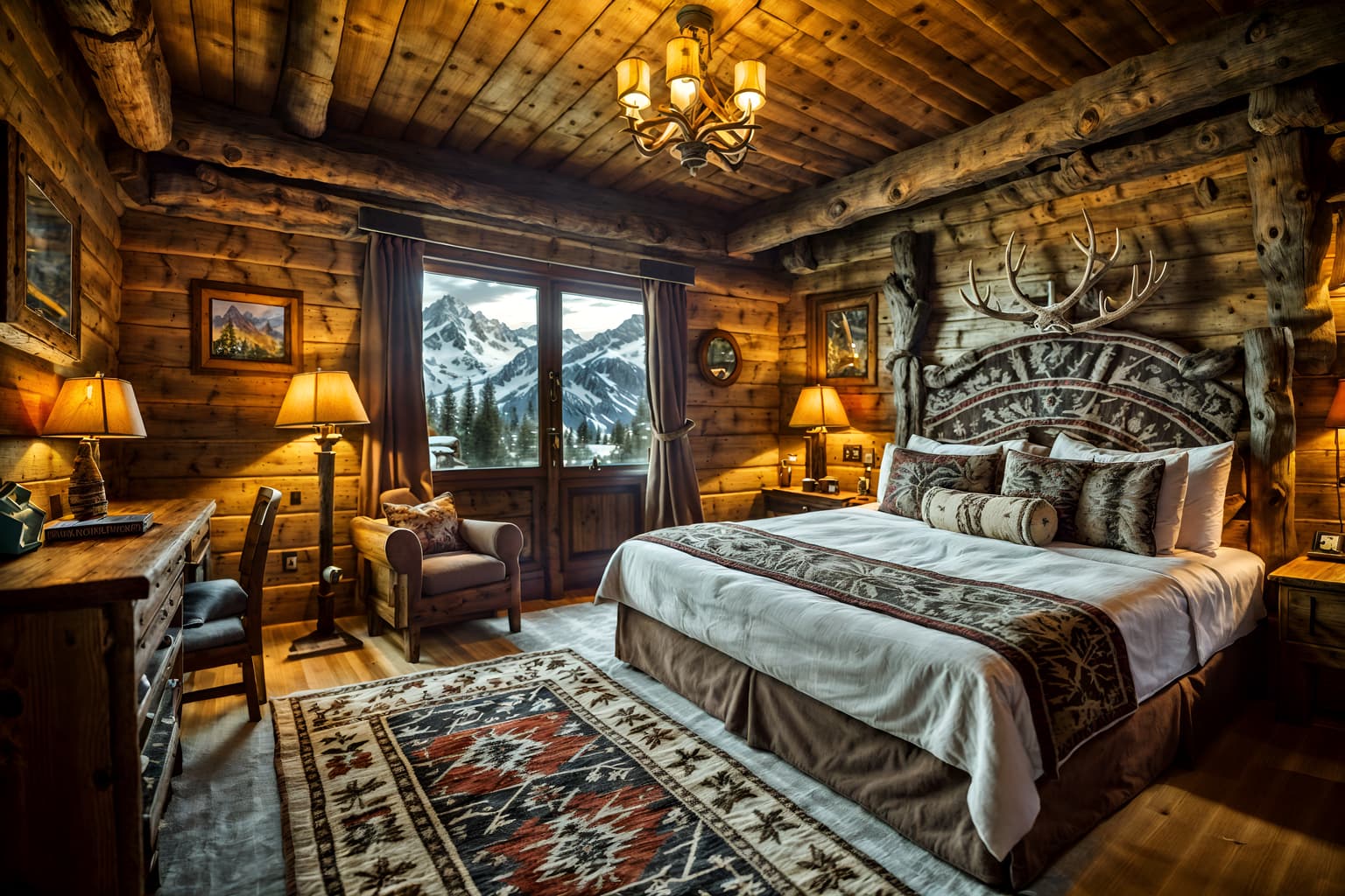 ski chalet-style (hotel room interior) with plant and mirror and bed and hotel bathroom and dresser closet and storage bench or ottoman and headboard and night light. . with mountain-inspired and exposed wood and rustic and decorative carving and mouldings and ski-themed decor and animal rugs and richly patterned fabrics and hanging wall elk antler. . cinematic photo, highly detailed, cinematic lighting, ultra-detailed, ultrarealistic, photorealism, 8k. ski chalet interior design style. masterpiece, cinematic light, ultrarealistic+, photorealistic+, 8k, raw photo, realistic, sharp focus on eyes, (symmetrical eyes), (intact eyes), hyperrealistic, highest quality, best quality, , highly detailed, masterpiece, best quality, extremely detailed 8k wallpaper, masterpiece, best quality, ultra-detailed, best shadow, detailed background, detailed face, detailed eyes, high contrast, best illumination, detailed face, dulux, caustic, dynamic angle, detailed glow. dramatic lighting. highly detailed, insanely detailed hair, symmetrical, intricate details, professionally retouched, 8k high definition. strong bokeh. award winning photo.