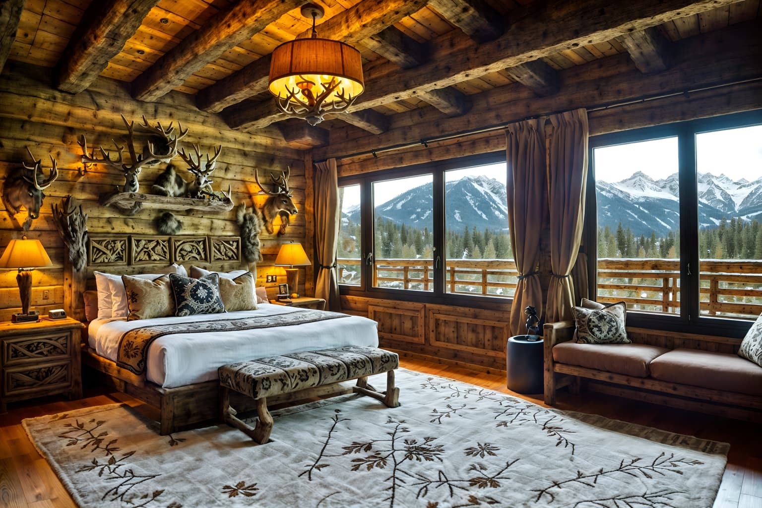 ski chalet-style (hotel room interior) with plant and mirror and bed and hotel bathroom and dresser closet and storage bench or ottoman and headboard and night light. . with mountain-inspired and exposed wood and rustic and decorative carving and mouldings and ski-themed decor and animal rugs and richly patterned fabrics and hanging wall elk antler. . cinematic photo, highly detailed, cinematic lighting, ultra-detailed, ultrarealistic, photorealism, 8k. ski chalet interior design style. masterpiece, cinematic light, ultrarealistic+, photorealistic+, 8k, raw photo, realistic, sharp focus on eyes, (symmetrical eyes), (intact eyes), hyperrealistic, highest quality, best quality, , highly detailed, masterpiece, best quality, extremely detailed 8k wallpaper, masterpiece, best quality, ultra-detailed, best shadow, detailed background, detailed face, detailed eyes, high contrast, best illumination, detailed face, dulux, caustic, dynamic angle, detailed glow. dramatic lighting. highly detailed, insanely detailed hair, symmetrical, intricate details, professionally retouched, 8k high definition. strong bokeh. award winning photo.