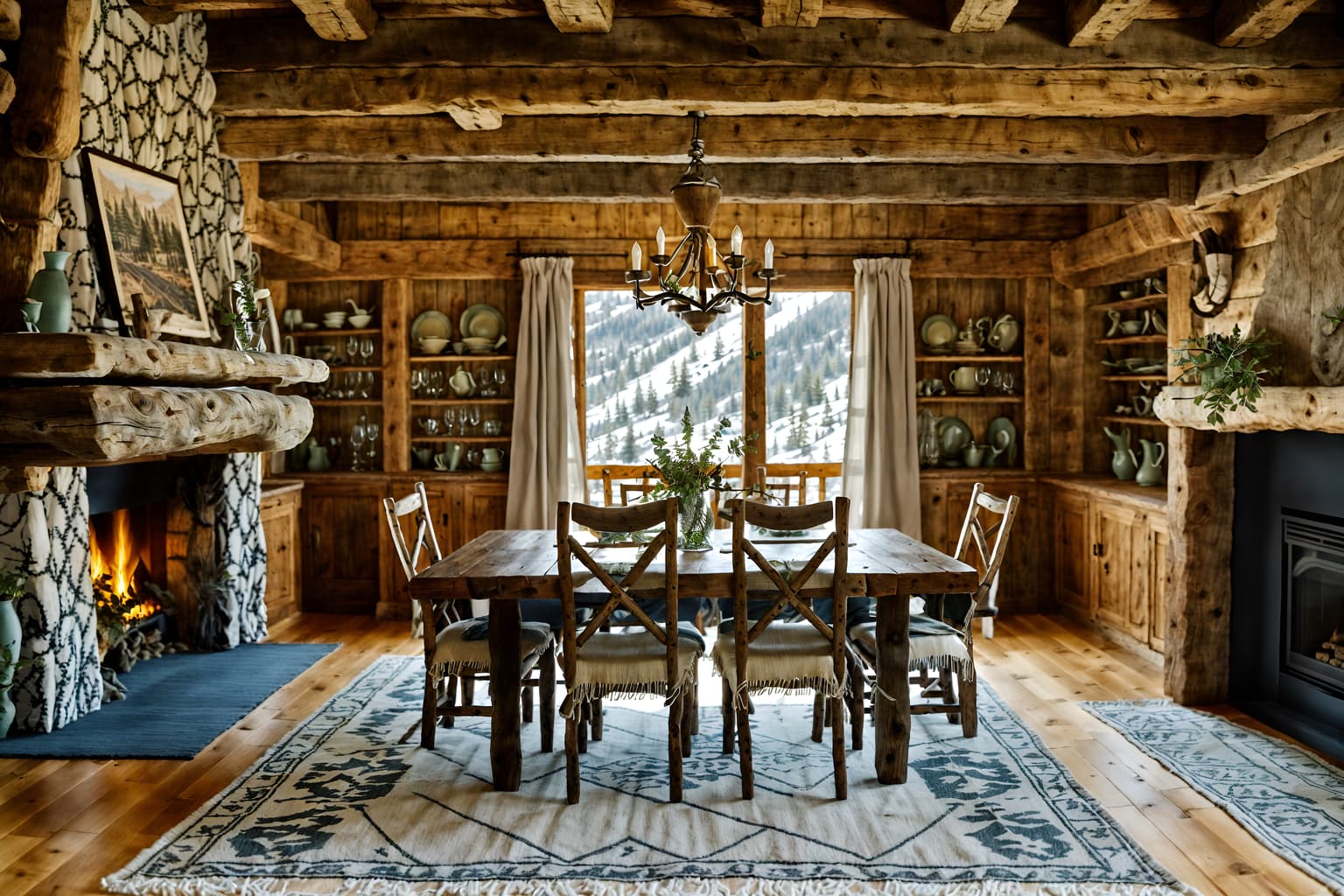 ski chalet-style (dining room interior) with light or chandelier and vase and plates, cutlery and glasses on dining table and painting or photo on wall and table cloth and dining table chairs and plant and bookshelves. . with exposed construction beams and layered textiles and animal motifs and wooden logs and exposed timber and stone fireplace and exposed wood and wood beams. . cinematic photo, highly detailed, cinematic lighting, ultra-detailed, ultrarealistic, photorealism, 8k. ski chalet interior design style. masterpiece, cinematic light, ultrarealistic+, photorealistic+, 8k, raw photo, realistic, sharp focus on eyes, (symmetrical eyes), (intact eyes), hyperrealistic, highest quality, best quality, , highly detailed, masterpiece, best quality, extremely detailed 8k wallpaper, masterpiece, best quality, ultra-detailed, best shadow, detailed background, detailed face, detailed eyes, high contrast, best illumination, detailed face, dulux, caustic, dynamic angle, detailed glow. dramatic lighting. highly detailed, insanely detailed hair, symmetrical, intricate details, professionally retouched, 8k high definition. strong bokeh. award winning photo.