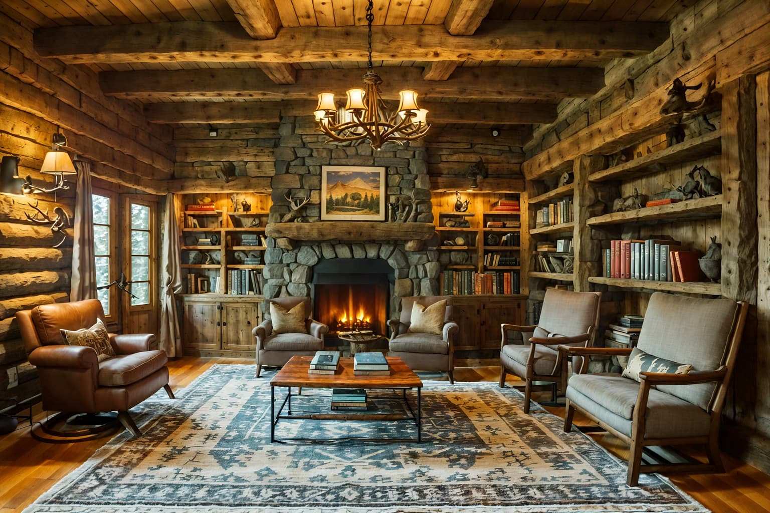 ski chalet-style (study room interior) with bookshelves and desk lamp and lounge chair and office chair and writing desk and plant and cabinets and bookshelves. . with stone fireplace and wooden walls and hanging wall elk antler and exposed wood and layered textiles and exposed construction beams and animal rugs and nature-inspired. . cinematic photo, highly detailed, cinematic lighting, ultra-detailed, ultrarealistic, photorealism, 8k. ski chalet interior design style. masterpiece, cinematic light, ultrarealistic+, photorealistic+, 8k, raw photo, realistic, sharp focus on eyes, (symmetrical eyes), (intact eyes), hyperrealistic, highest quality, best quality, , highly detailed, masterpiece, best quality, extremely detailed 8k wallpaper, masterpiece, best quality, ultra-detailed, best shadow, detailed background, detailed face, detailed eyes, high contrast, best illumination, detailed face, dulux, caustic, dynamic angle, detailed glow. dramatic lighting. highly detailed, insanely detailed hair, symmetrical, intricate details, professionally retouched, 8k high definition. strong bokeh. award winning photo.