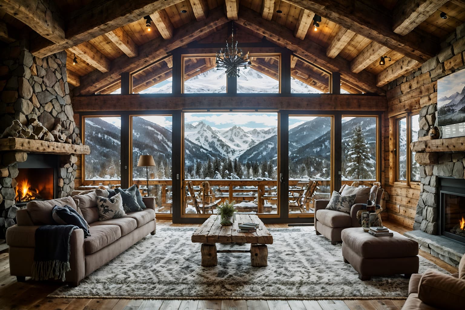 ski chalet-style (clothing store interior) . with nature-inspired and exposed construction beams and window with mountain views and stone fireplace and layered textiles and exposed wood and stone fireplace and animal motifs. . cinematic photo, highly detailed, cinematic lighting, ultra-detailed, ultrarealistic, photorealism, 8k. ski chalet interior design style. masterpiece, cinematic light, ultrarealistic+, photorealistic+, 8k, raw photo, realistic, sharp focus on eyes, (symmetrical eyes), (intact eyes), hyperrealistic, highest quality, best quality, , highly detailed, masterpiece, best quality, extremely detailed 8k wallpaper, masterpiece, best quality, ultra-detailed, best shadow, detailed background, detailed face, detailed eyes, high contrast, best illumination, detailed face, dulux, caustic, dynamic angle, detailed glow. dramatic lighting. highly detailed, insanely detailed hair, symmetrical, intricate details, professionally retouched, 8k high definition. strong bokeh. award winning photo.