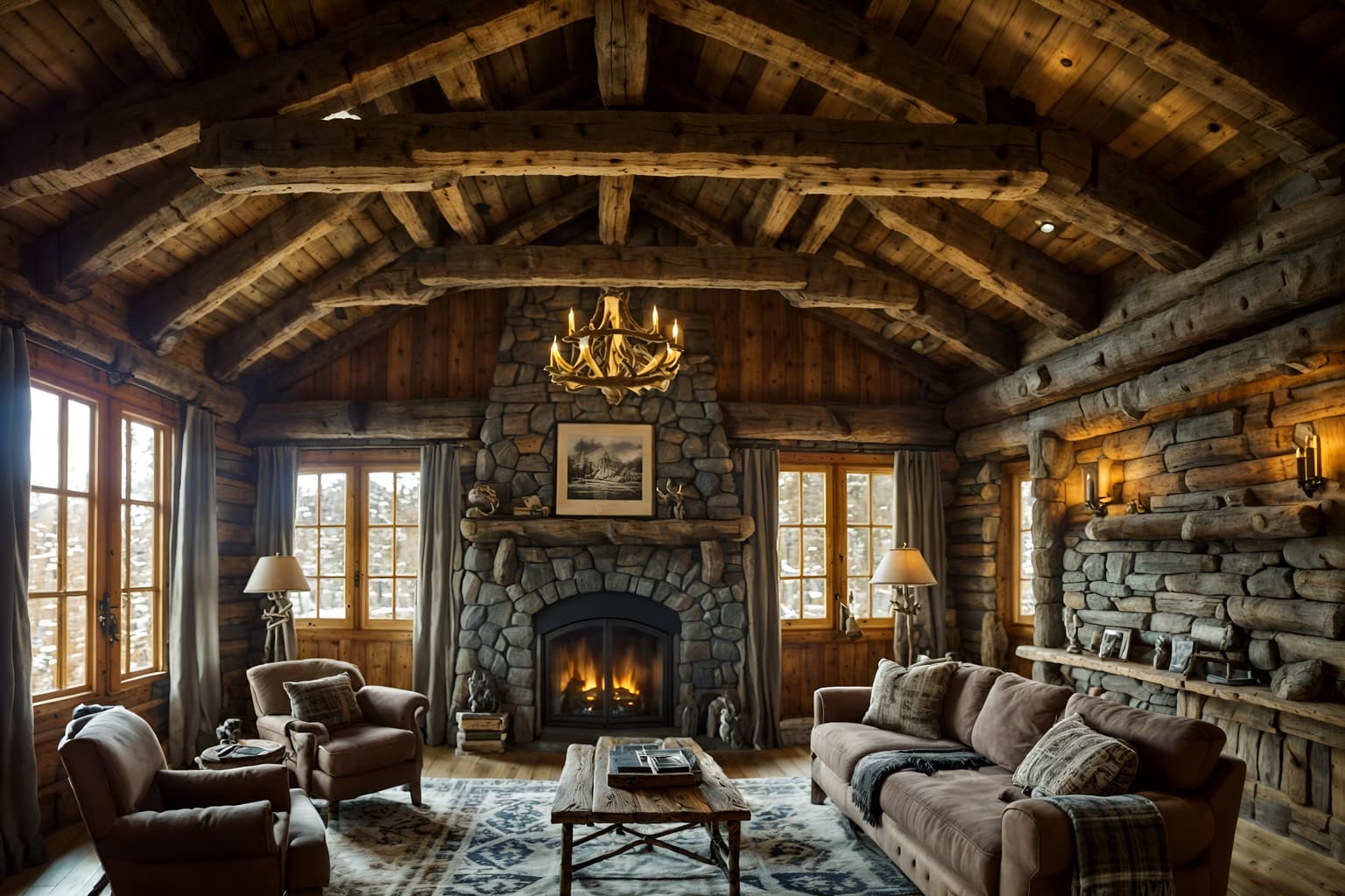 ski chalet-style (exhibition space interior) . with exposed construction beams and hanging wall elk antler and stone fireplace and decorative carving and mouldings and ski-themed decor and layered textiles and rustic and wooden logs. . cinematic photo, highly detailed, cinematic lighting, ultra-detailed, ultrarealistic, photorealism, 8k. ski chalet interior design style. masterpiece, cinematic light, ultrarealistic+, photorealistic+, 8k, raw photo, realistic, sharp focus on eyes, (symmetrical eyes), (intact eyes), hyperrealistic, highest quality, best quality, , highly detailed, masterpiece, best quality, extremely detailed 8k wallpaper, masterpiece, best quality, ultra-detailed, best shadow, detailed background, detailed face, detailed eyes, high contrast, best illumination, detailed face, dulux, caustic, dynamic angle, detailed glow. dramatic lighting. highly detailed, insanely detailed hair, symmetrical, intricate details, professionally retouched, 8k high definition. strong bokeh. award winning photo.