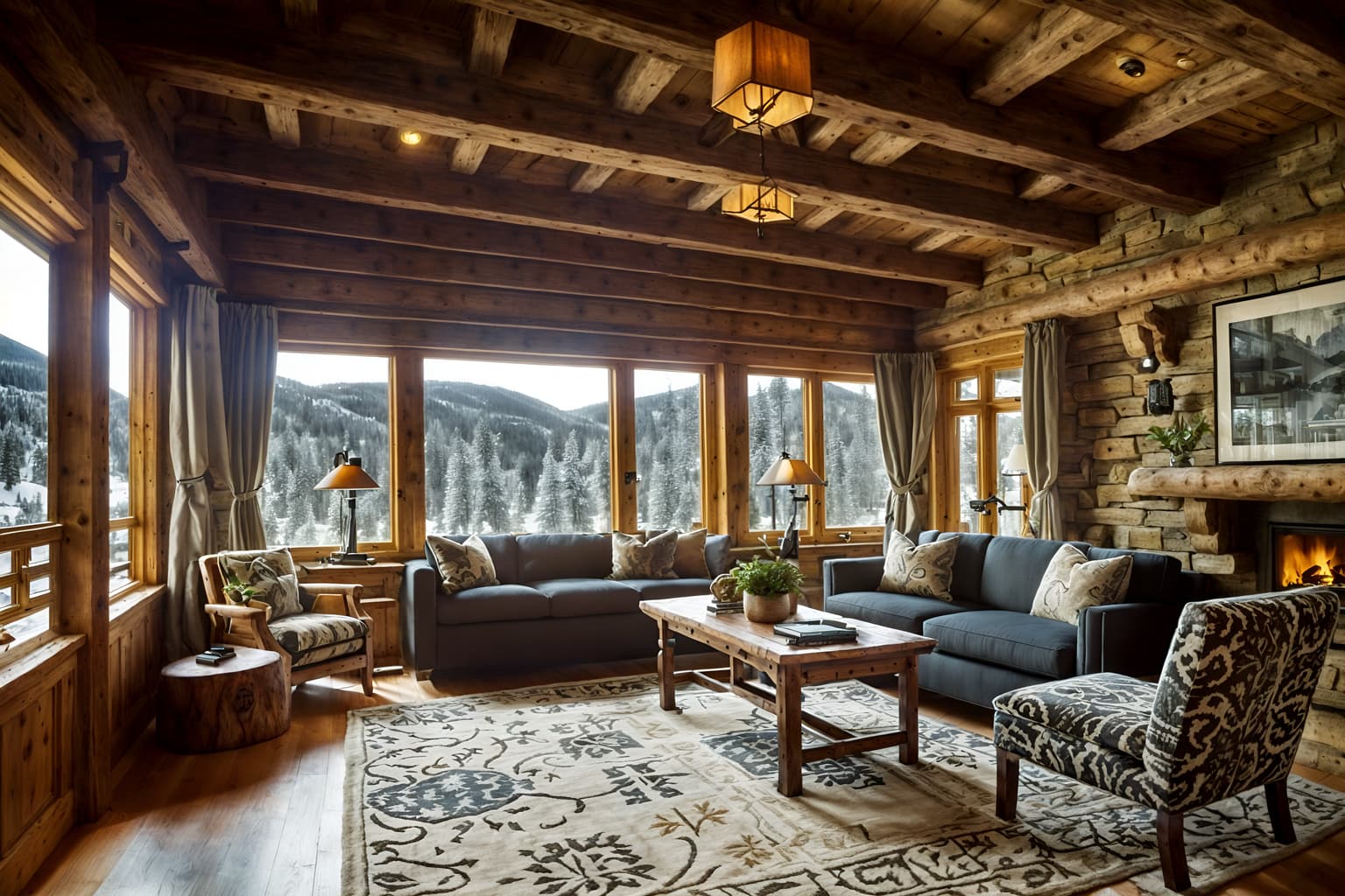 ski chalet-style (office interior) with desk lamps and office chairs and cabinets and office desks and plants and computer desks and windows and seating area with sofa. . with nature-inspired and exposed wood and animal motifs and stone fireplace and exposed construction beams and richly patterned fabrics and decorative carving and mouldings and layered textiles. . cinematic photo, highly detailed, cinematic lighting, ultra-detailed, ultrarealistic, photorealism, 8k. ski chalet interior design style. masterpiece, cinematic light, ultrarealistic+, photorealistic+, 8k, raw photo, realistic, sharp focus on eyes, (symmetrical eyes), (intact eyes), hyperrealistic, highest quality, best quality, , highly detailed, masterpiece, best quality, extremely detailed 8k wallpaper, masterpiece, best quality, ultra-detailed, best shadow, detailed background, detailed face, detailed eyes, high contrast, best illumination, detailed face, dulux, caustic, dynamic angle, detailed glow. dramatic lighting. highly detailed, insanely detailed hair, symmetrical, intricate details, professionally retouched, 8k high definition. strong bokeh. award winning photo.