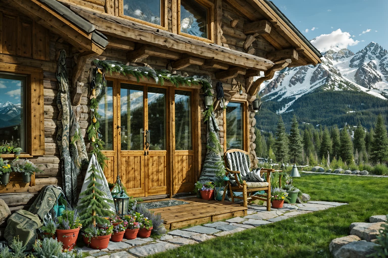 ski chalet-style designed (outdoor garden ) with garden tree and grass and garden plants and garden tree. . with ski-themed decor and hanging wall elk antler and exposed wood and window with mountain views and richly patterned fabrics and animal furs and layered textiles and animal motifs. . cinematic photo, highly detailed, cinematic lighting, ultra-detailed, ultrarealistic, photorealism, 8k. ski chalet design style. masterpiece, cinematic light, ultrarealistic+, photorealistic+, 8k, raw photo, realistic, sharp focus on eyes, (symmetrical eyes), (intact eyes), hyperrealistic, highest quality, best quality, , highly detailed, masterpiece, best quality, extremely detailed 8k wallpaper, masterpiece, best quality, ultra-detailed, best shadow, detailed background, detailed face, detailed eyes, high contrast, best illumination, detailed face, dulux, caustic, dynamic angle, detailed glow. dramatic lighting. highly detailed, insanely detailed hair, symmetrical, intricate details, professionally retouched, 8k high definition. strong bokeh. award winning photo.