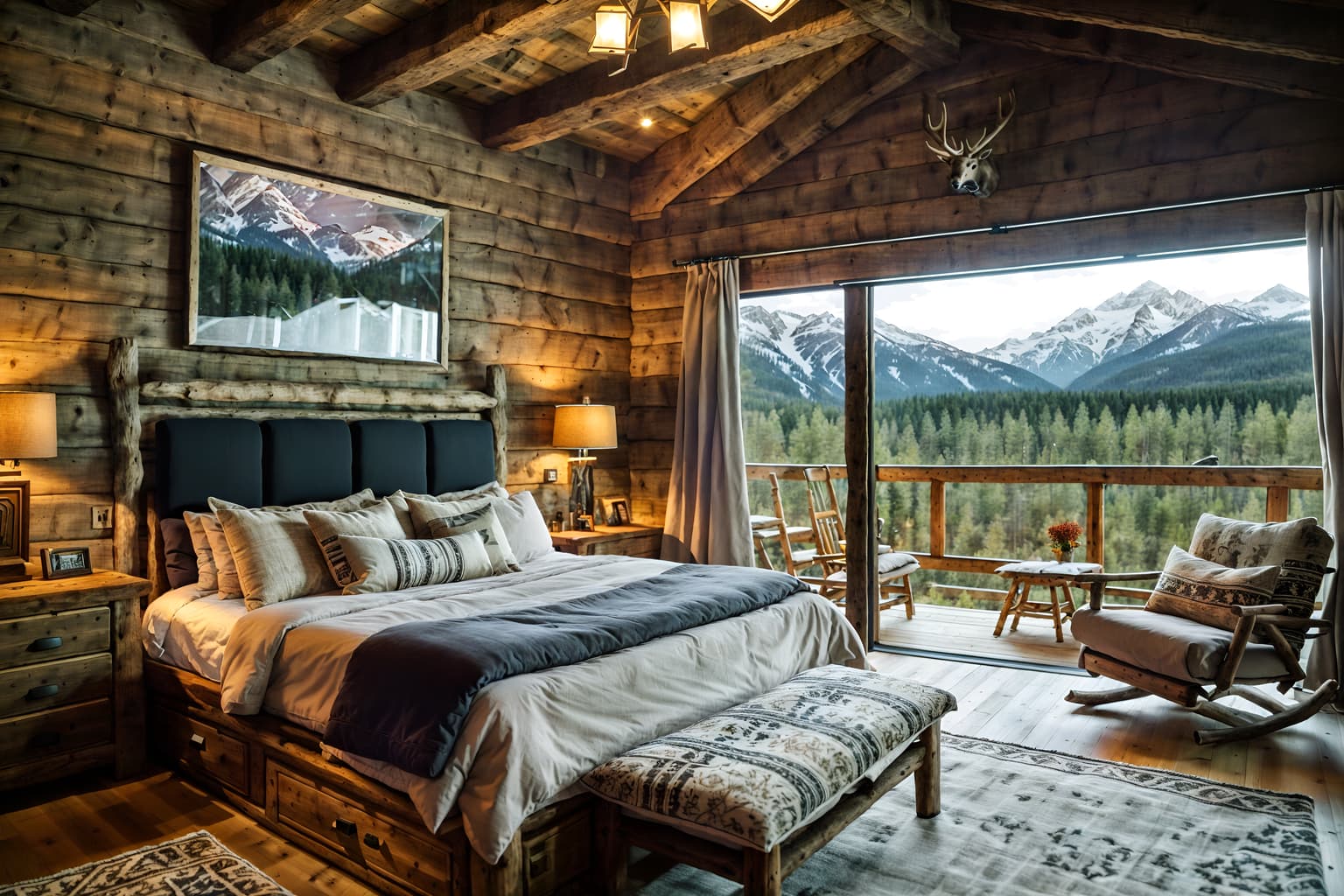 ski chalet-style (bedroom interior) with mirror and storage bench or ottoman and headboard and plant and night light and bedside table or night stand and dresser closet and accent chair. . with exposed construction beams and mountain-inspired and richly patterned fabrics and wooden walls and wood beams and nature-inspired and layered textiles and hanging wall elk antler. . cinematic photo, highly detailed, cinematic lighting, ultra-detailed, ultrarealistic, photorealism, 8k. ski chalet interior design style. masterpiece, cinematic light, ultrarealistic+, photorealistic+, 8k, raw photo, realistic, sharp focus on eyes, (symmetrical eyes), (intact eyes), hyperrealistic, highest quality, best quality, , highly detailed, masterpiece, best quality, extremely detailed 8k wallpaper, masterpiece, best quality, ultra-detailed, best shadow, detailed background, detailed face, detailed eyes, high contrast, best illumination, detailed face, dulux, caustic, dynamic angle, detailed glow. dramatic lighting. highly detailed, insanely detailed hair, symmetrical, intricate details, professionally retouched, 8k high definition. strong bokeh. award winning photo.