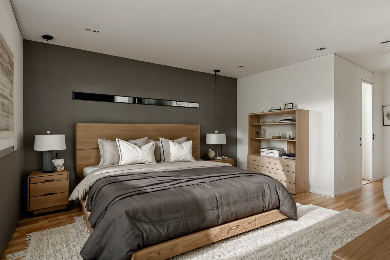 Modern-style (bedroom interior) With storage bench or ottoman and night light and accent chair and headboard and bedside table or night stand and dresser closet and plant and bed. . With Simple, Clean Lines and Simplistic Furniture and Neutral Walls and Textures and Natural Materials and Elements and Open and Natural Lighting and Practicality and Functionality and Simple, Clean Lines and Simplistic Furniture. . Cinematic photo, highly detailed, cinematic lighting, ultra-detailed, ultrarealistic, photorealism, 8k. Modern interior design style