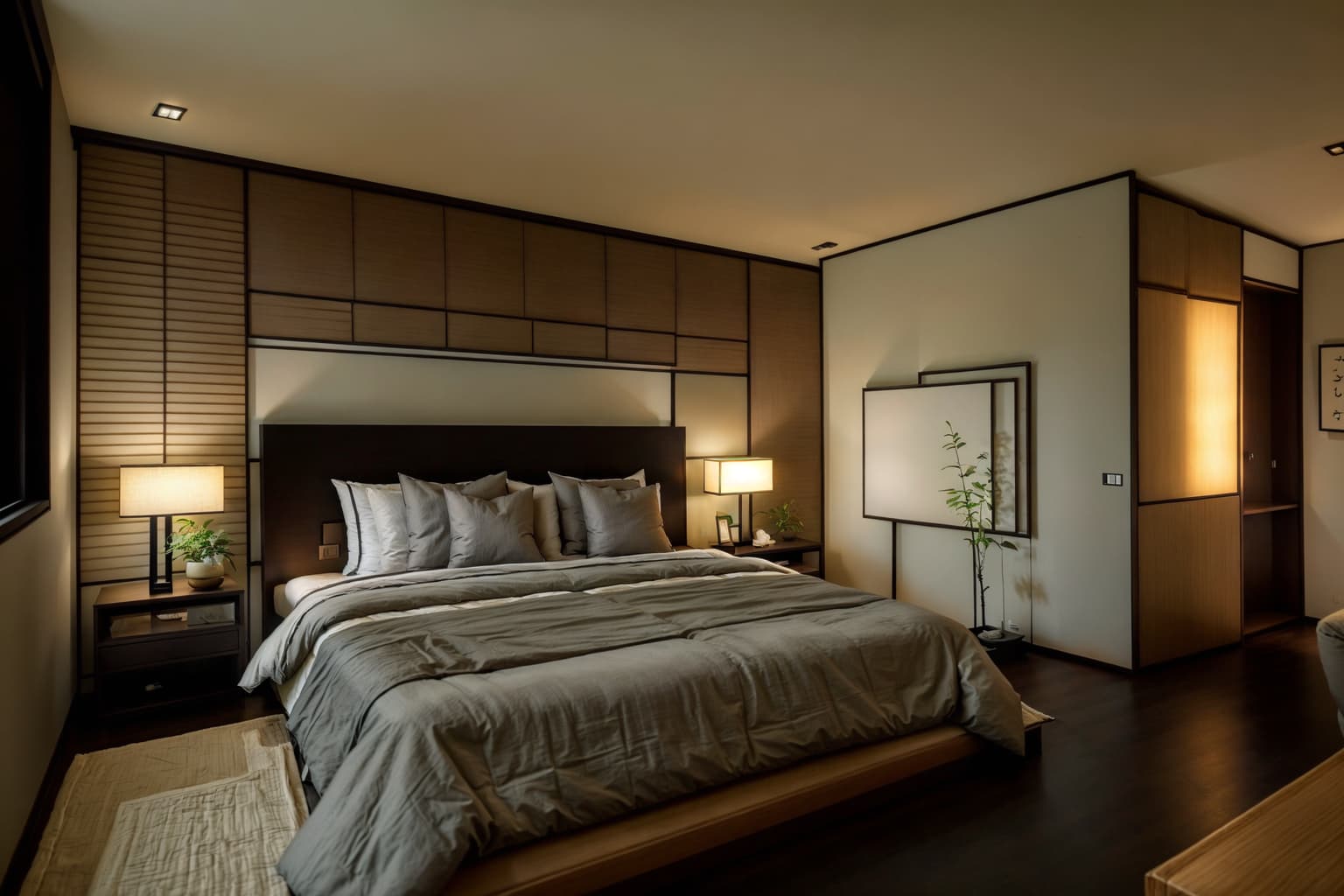 Zen-style (bedroom interior) With plant and dresser closet and bed and mirror and night light and bedside table or night stand and headboard and storage bench or ottoman. . With calm and neutral colors and clean lines and serenity and harmony and Japanese interior and Asian zen interior and Japanese minimalist interior and Asian zen interior and natural textures. . Cinematic photo, highly detailed, cinematic lighting, ultra-detailed, ultrarealistic, photorealism, 8k. Zen interior design style