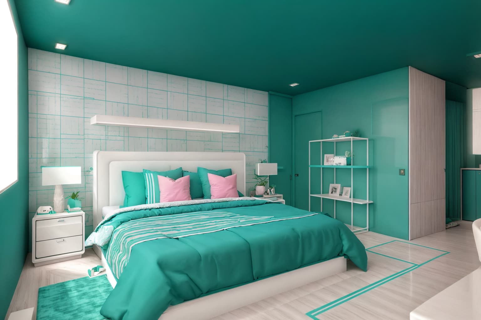 Vaporwave-style (bedroom interior) With bed and accent chair and storage bench or ottoman and headboard and bedside table or night stand and mirror and plant and dresser closet. . With white square bathroom tiles and teal colors and palm trees and neon glow and white square bathroom tiles and white square bathroom tiles and bright pink and baby blue. . Cinematic photo, highly detailed, cinematic lighting, ultra-detailed, ultrarealistic, photorealism, 8k. Vaporwave interior design style
