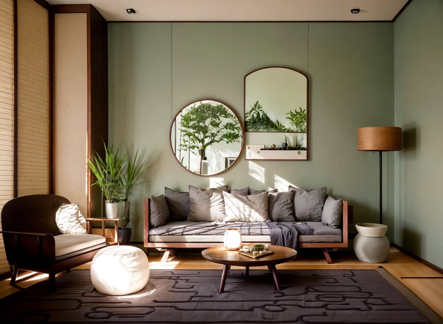 Zen-style (bedroom interior) With storage bench or ottoman and bed and accent chair and headboard and bedside table or night stand and night light and mirror and plant. . With natural light and serenity and harmony and clutter free and clean lines and mimimalist and Asian zen interior and Japanese minimalist interior and Japanese interior. . Cinematic photo, highly detailed, cinematic lighting, ultra-detailed, ultrarealistic, photorealism, 8k. Zen interior design style