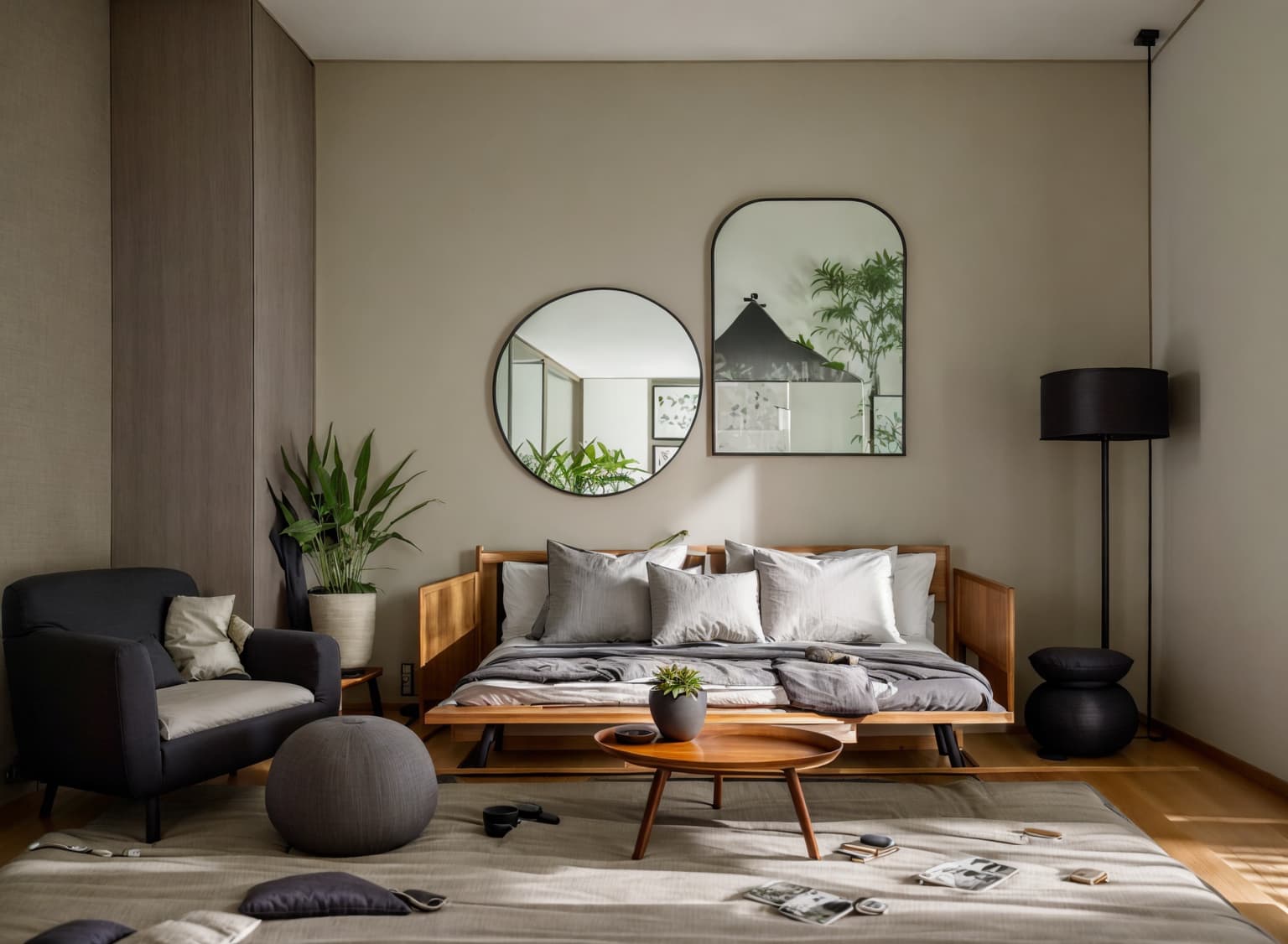 Zen-style (bedroom interior) With storage bench or ottoman and bed and accent chair and headboard and bedside table or night stand and night light and mirror and plant. . With natural light and serenity and harmony and clutter free and clean lines and mimimalist and Asian zen interior and Japanese minimalist interior and Japanese interior. . Cinematic photo, highly detailed, cinematic lighting, ultra-detailed, ultrarealistic, photorealism, 8k. Zen interior design style