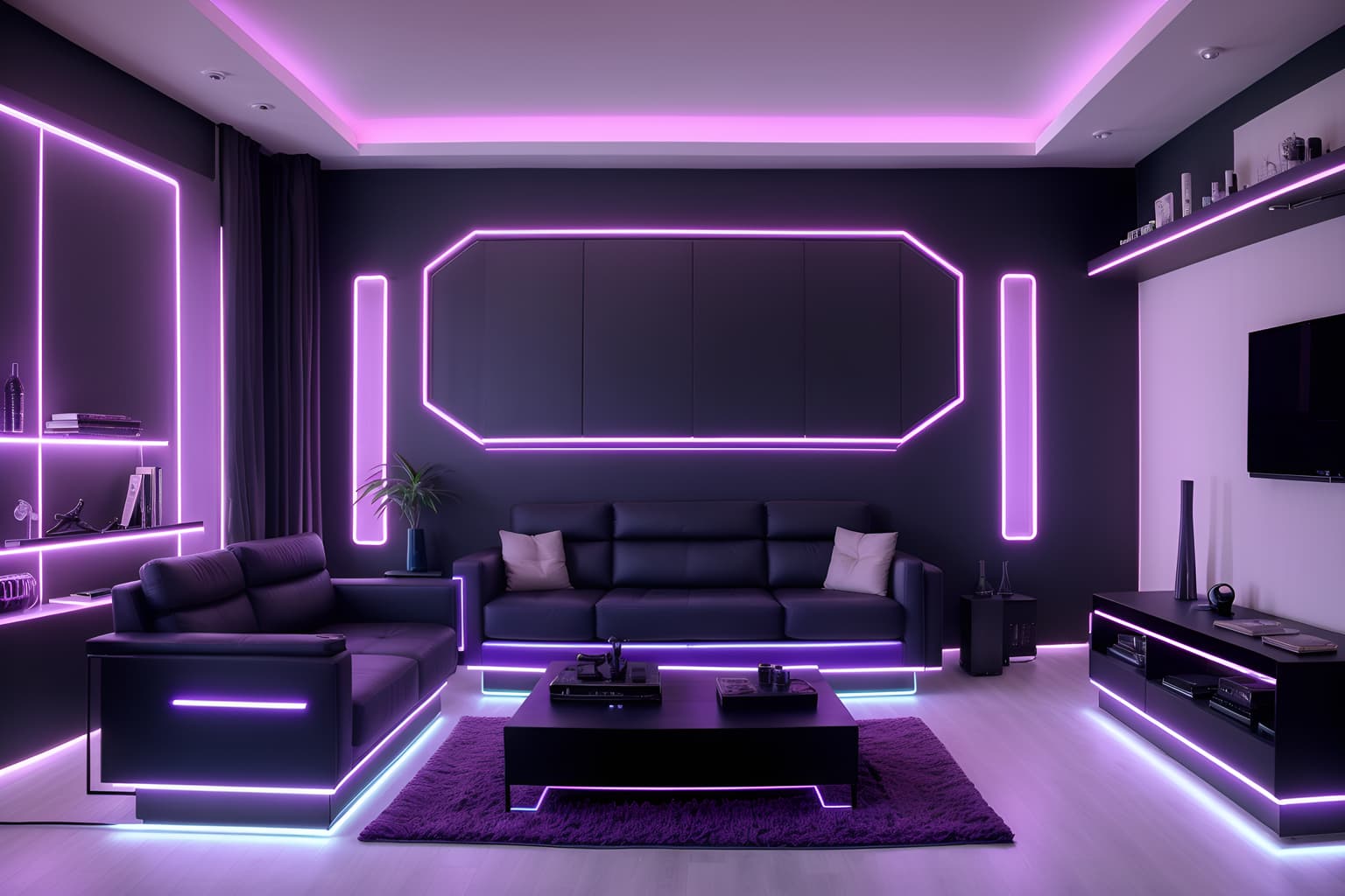 Cyberpunk-style living room home interior With strong geometric walls and synthwave and synthetic objects and purple and blue lights and futuristic cybernetic details and surrealist paintings and neon signs and minimalist. With sofa and chairs and occasional tables and coffee tables and bookshelves and televisions and electric lamps and rug and plant and furniture. Cinematic photo, highly detailed, cinematic lighting, ultra-detailed, ultrarealistic, photorealism, 8k. Cyberpunk interior design style