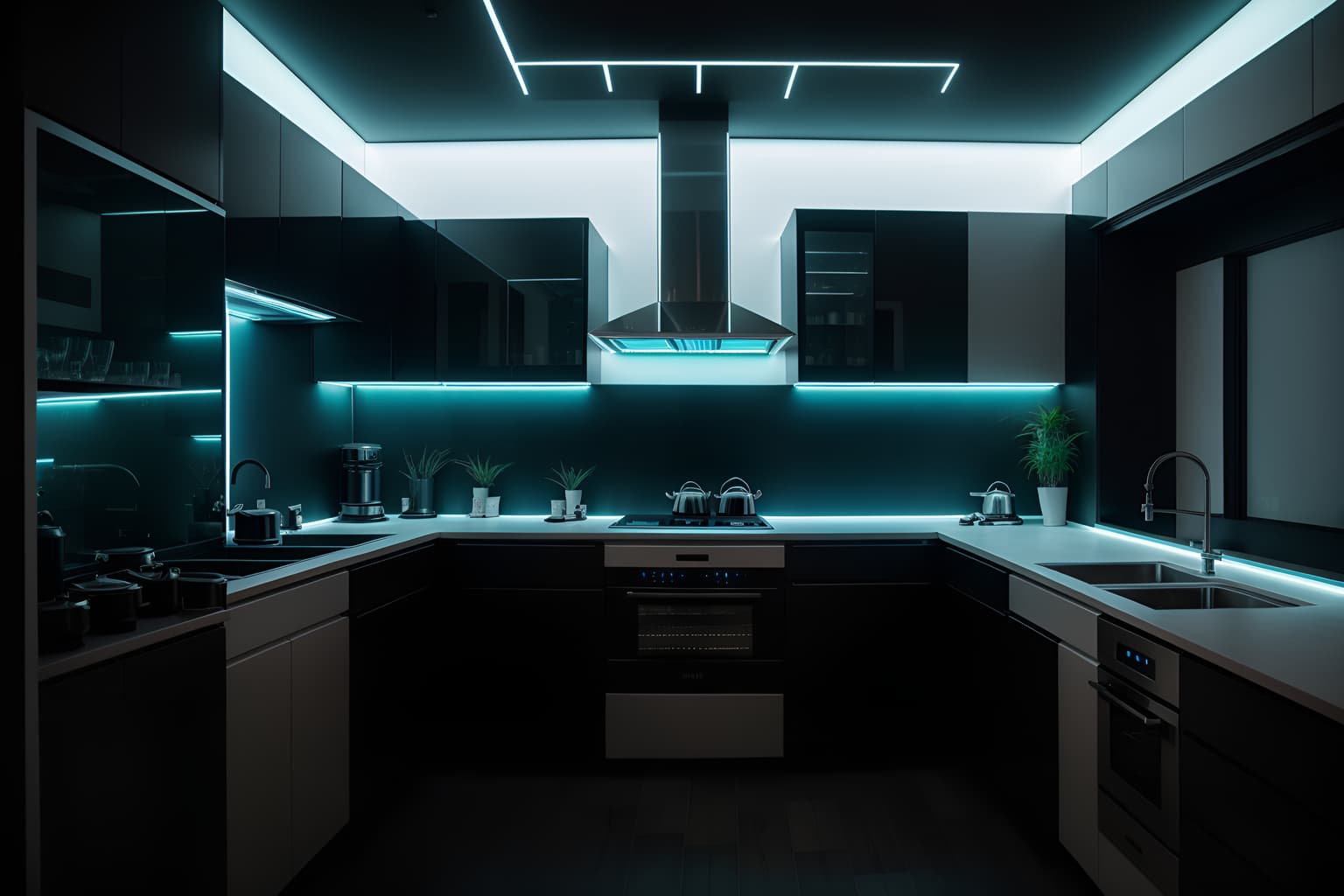 Cyberpunk-style kitchen home interior With clean straight square lines and minimalist and futuristic cybernetic details and synthwave and color lights glow and futuristic cybernetic city and black lights and bladerunner lights. With stove and sink and plant and refrigerator and worktops and kitchen cabinets. Cinematic photo, highly detailed, cinematic lighting, ultra-detailed, ultrarealistic, photorealism, 8k. Cyberpunk interior design style