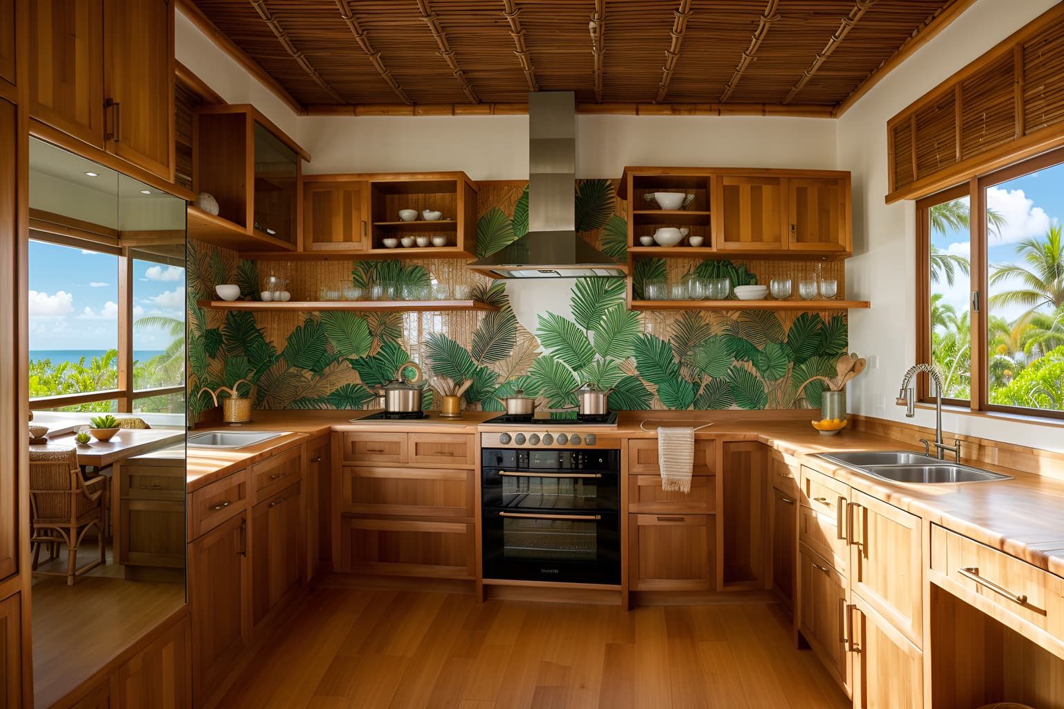 Tropical-style kitchen home interior With palm leaves and lattice prints and wicker and rattan and bamboo and cane motifs and teak and palm trees. With stove and sink and plant and refrigerator and worktops and kitchen cabinets. Cinematic photo, highly detailed, cinematic lighting, ultra-detailed, ultrarealistic, photorealism, 8k. Tropical interior design style