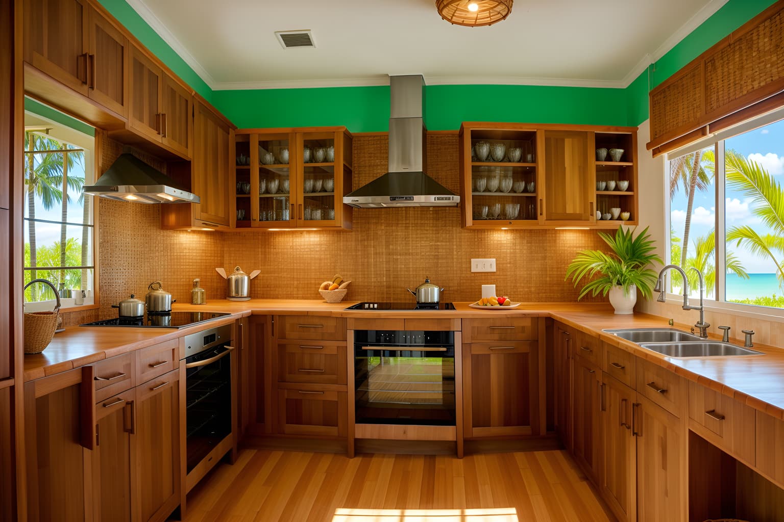 Tropical-style kitchen home interior With palm leaves and lattice prints and wicker and rattan and bamboo and cane motifs and teak and palm trees. With stove and sink and plant and refrigerator and worktops and kitchen cabinets. Cinematic photo, highly detailed, cinematic lighting, ultra-detailed, ultrarealistic, photorealism, 8k. Tropical interior design style