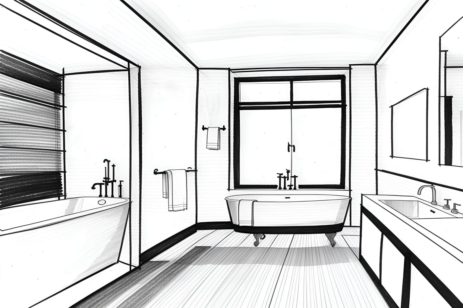 (Hand-drawn monochrome black and white sketch line drawing)++ of Sketch-style (bath room) apartment interior. A sketch of interior. With . A sketch of interior. With mirror and bathroom sink with faucet and bathtub. Trending on Artstation. Black and white line drawing sketch without colors.