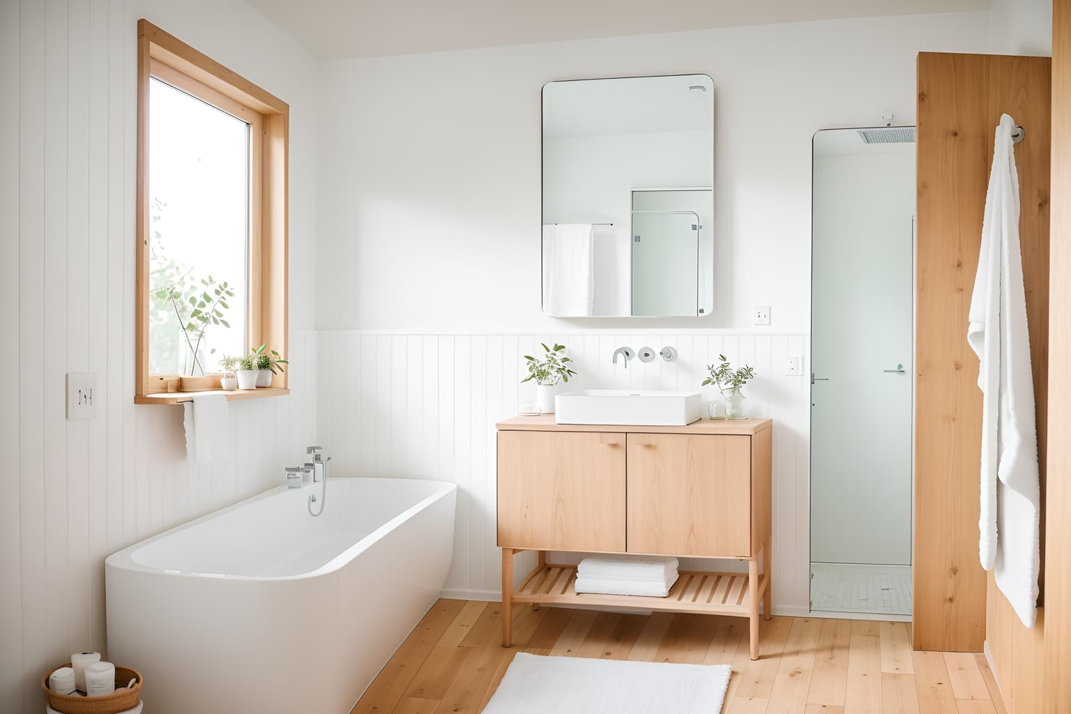 Airbnb-style bath room home interior With Simple, Clean Lines and Simplistic Furniture and Practicality and Functionality and Natural Materials and Elements and Scandinavian style and Simple Color Palette and Open and Natural Lighting and Neutral Walls and Textures and Simple, Clean Lines and Simplistic Furniture. With mirror and bathroom sink with faucet and bathtub and waste basket and toilet seat and bath towel and plant and bathroom cabinet and bath rail and shower. Cinematic photo, highly detailed, cinematic lighting, ultra-detailed, ultrarealistic, photorealism, 8k. Airbnb interior design style