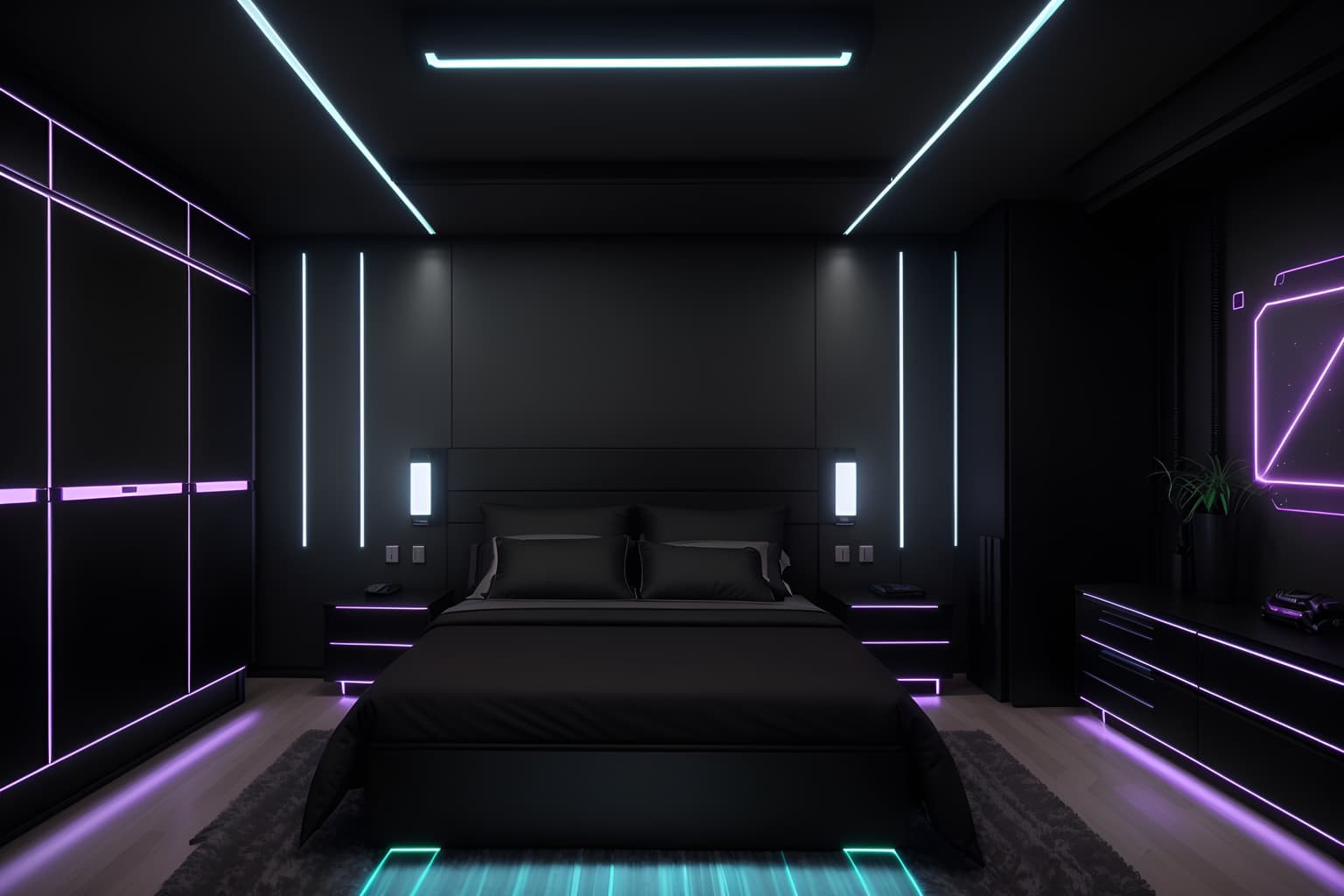 Cyberpunk-style bedroom home interior With military uniforms and gear and dark night and led lights and futuristic cybernetic city and synthetic objects and clean straight square lines and strong geometric walls and synthwave. With bed and headboard and bedside table or night stand and dresser closet and plant and storage bench or ottoman and accent chair and night light and mirror. Cinematic photo, highly detailed, cinematic lighting, ultra-detailed, ultrarealistic, photorealism, 8k. Cyberpunk interior design style