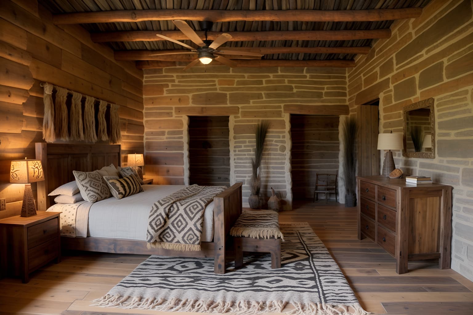 Tribal-style bedroom home interior With animal prints and planks of stone and smooth worn timbers and animal furslinen and desert colours and intricate grass weaving and exuberant splashes of colour and tribal revival. With bed and headboard and bedside table or night stand and dresser closet and plant and storage bench or ottoman and accent chair and night light and mirror. Cinematic photo, highly detailed, cinematic lighting, ultra-detailed, ultrarealistic, photorealism, 8k. Tribal interior design style