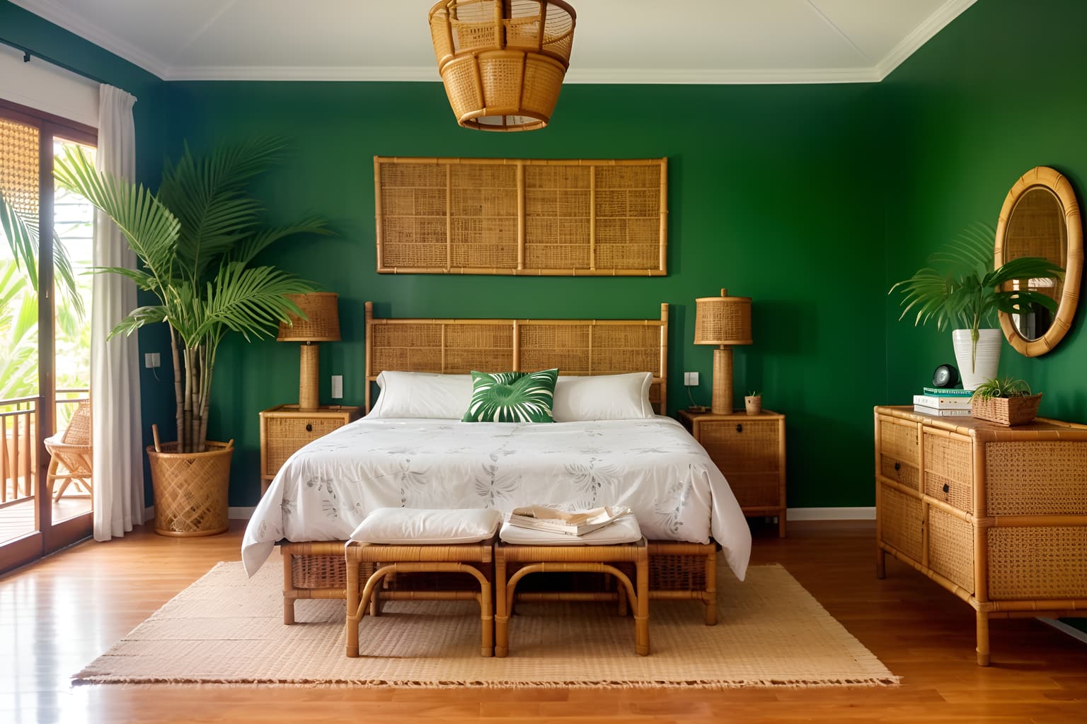 Tropical-style bedroom home interior With cane motifs and lattice prints and bamboo and rattan and palm trees and teak and wicker and palm leaves. With bed and headboard and bedside table or night stand and dresser closet and plant and storage bench or ottoman and accent chair and night light and mirror. Cinematic photo, highly detailed, cinematic lighting, ultra-detailed, ultrarealistic, photorealism, 8k. Tropical interior design style