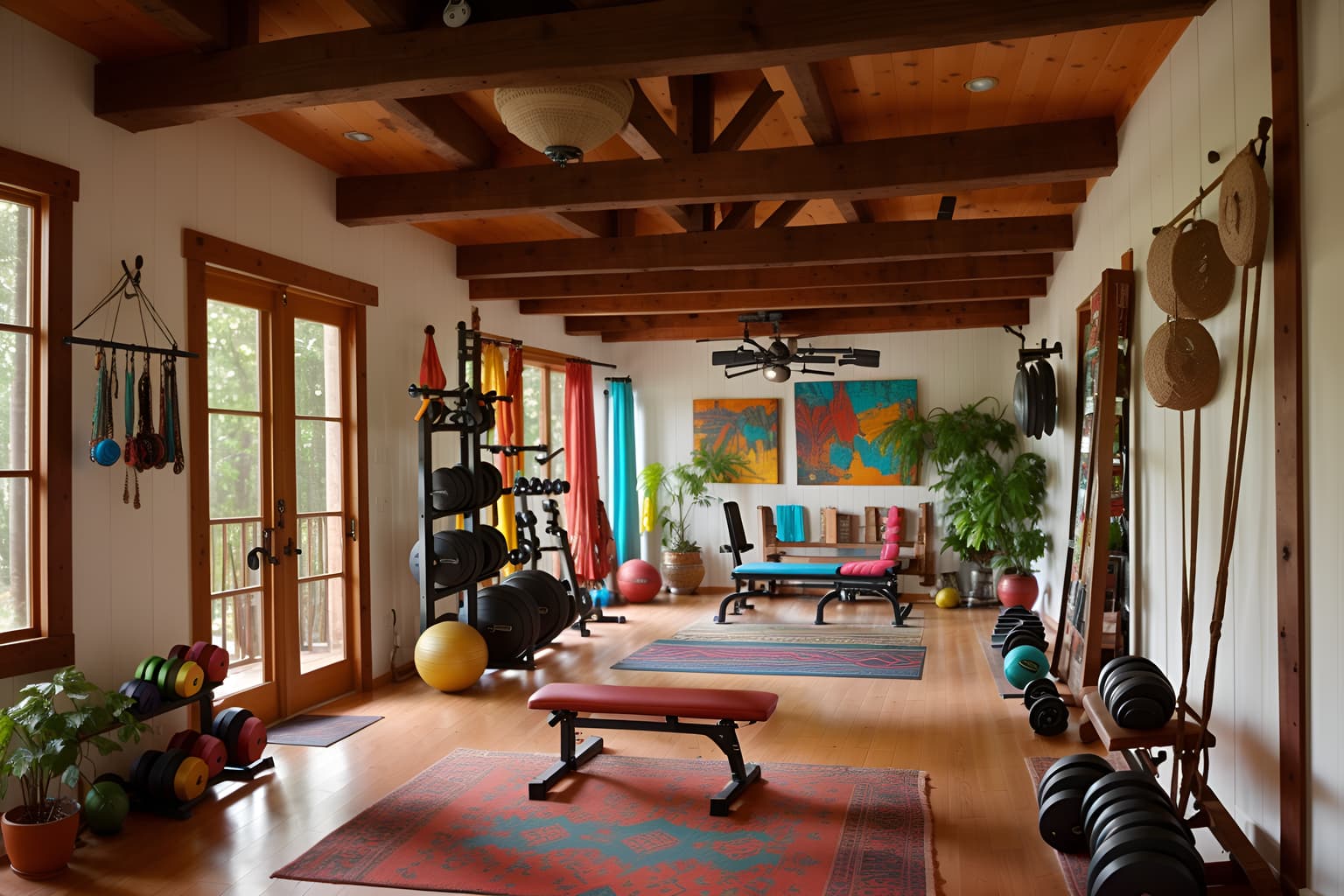 Bohemian-style (gym) home interior With crosstrainer and squat rack and exercise bicycle and bench press and dumbbell stand and crosstrainer. . With bold colors and playful colors and woods and mixed patterns and playful textures and travel trinkets and natural materials and a lack of structure. . Cinematic photo, highly detailed, cinematic lighting, ultra-detailed, ultrarealistic, photorealism, 8k. Bohemian interior design style
