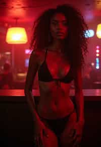 woman in  sexy lingerie  as a stripper in strip club. wide shot. cinematic lighting