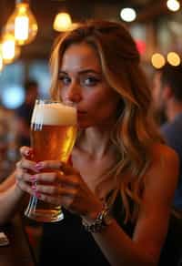 woman in a busy bar drinking beer. holding an intact pint glass mug of beer