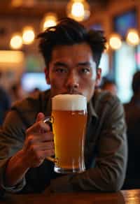 man in a busy bar drinking beer. holding an intact pint glass mug of beer