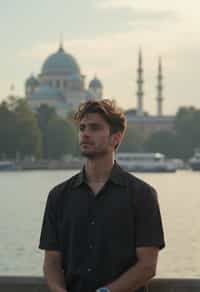 a captivating masculine  man enjoying a peaceful moment by the waterfront