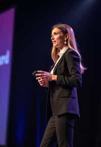 woman as a conference keynote speaker standing on stage at a conference