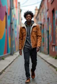 man wearing a trendy outfit, walking down a street lined with colorful murals